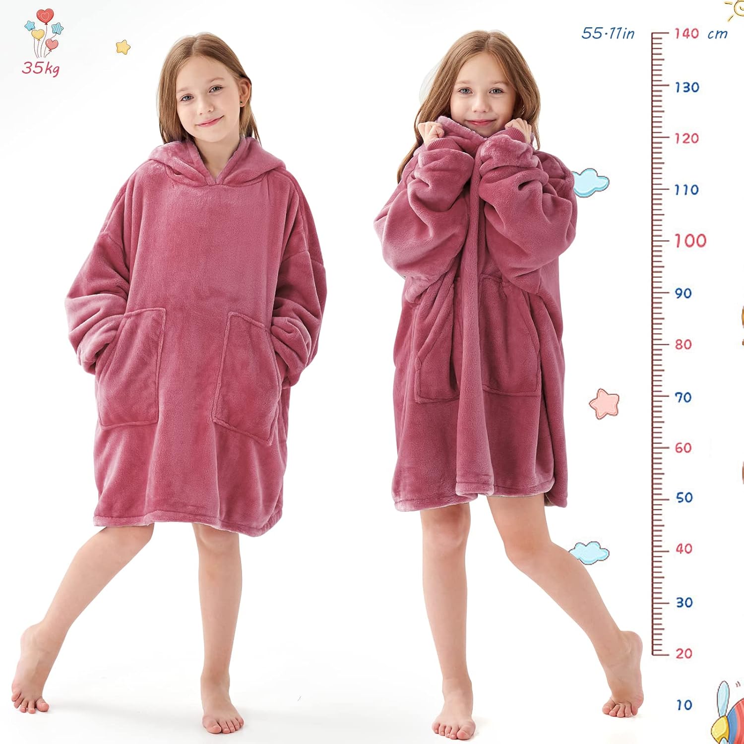 Aemicion Wearable Blanket Hoodie for Kids Super Soft Warm Oversized Hooded Blanket Sweatshirt Hoodie Blanket for Girls Pink - Image 2