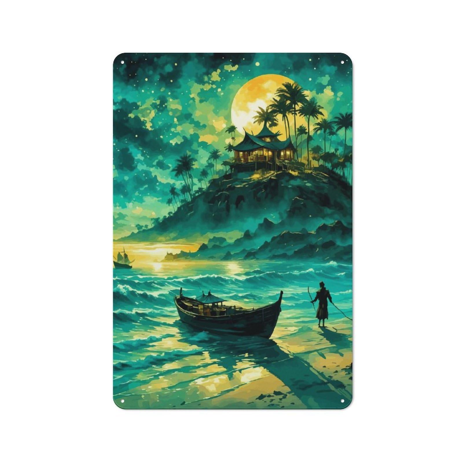 Junmoney Fishing By Moonlight Rustic Metal Sign 30X20cm Featuring For Living Room Wall, For Vintage Wall Decor Fans, For Metal Sign Collectors