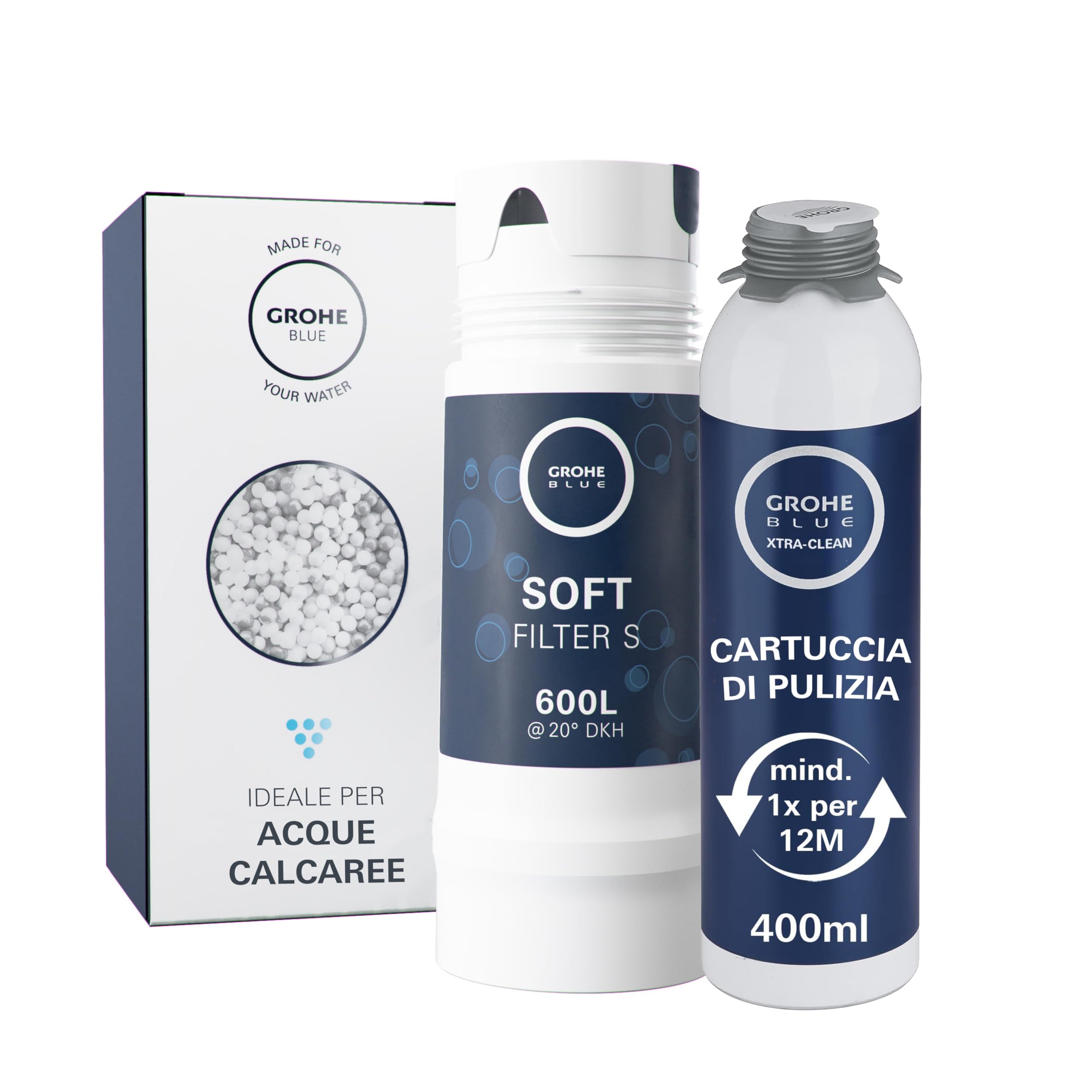 GROHE Set Filtro a 5 Fasi per Elevare il Gusto dell’Acqua, Ridurne il Residuo Fisso e il Calcare, Taglia S Capacità Media 600 l, 40404001 + Cartuccia per Pulizia per sistemi GROHE Blue