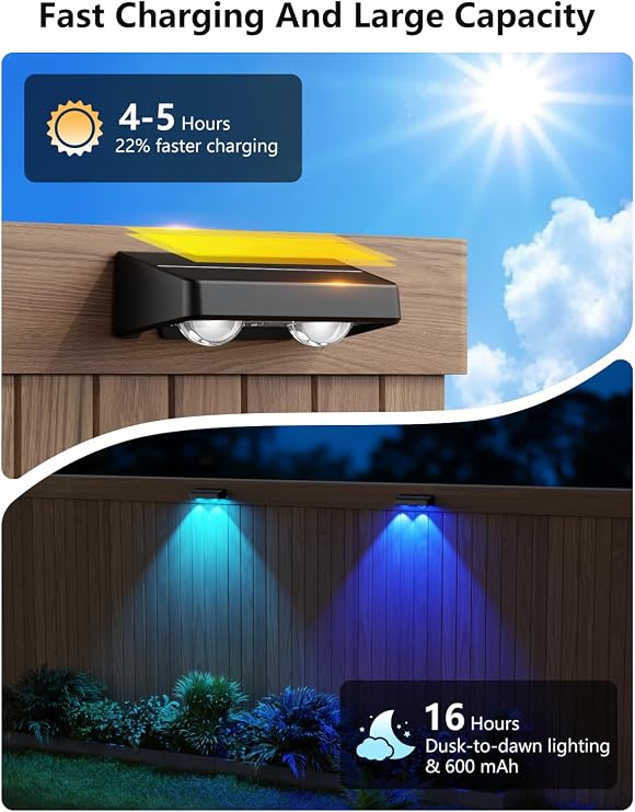 Solar Fence Lights 8 Pack 9 Colors & 11 Lighting Modes Solar Wall Lights Outdoor Waterproof IP65 RGB Color Changing Fence Lights Solar Powered for Garden Yard Patio Deck Step Patio Wall