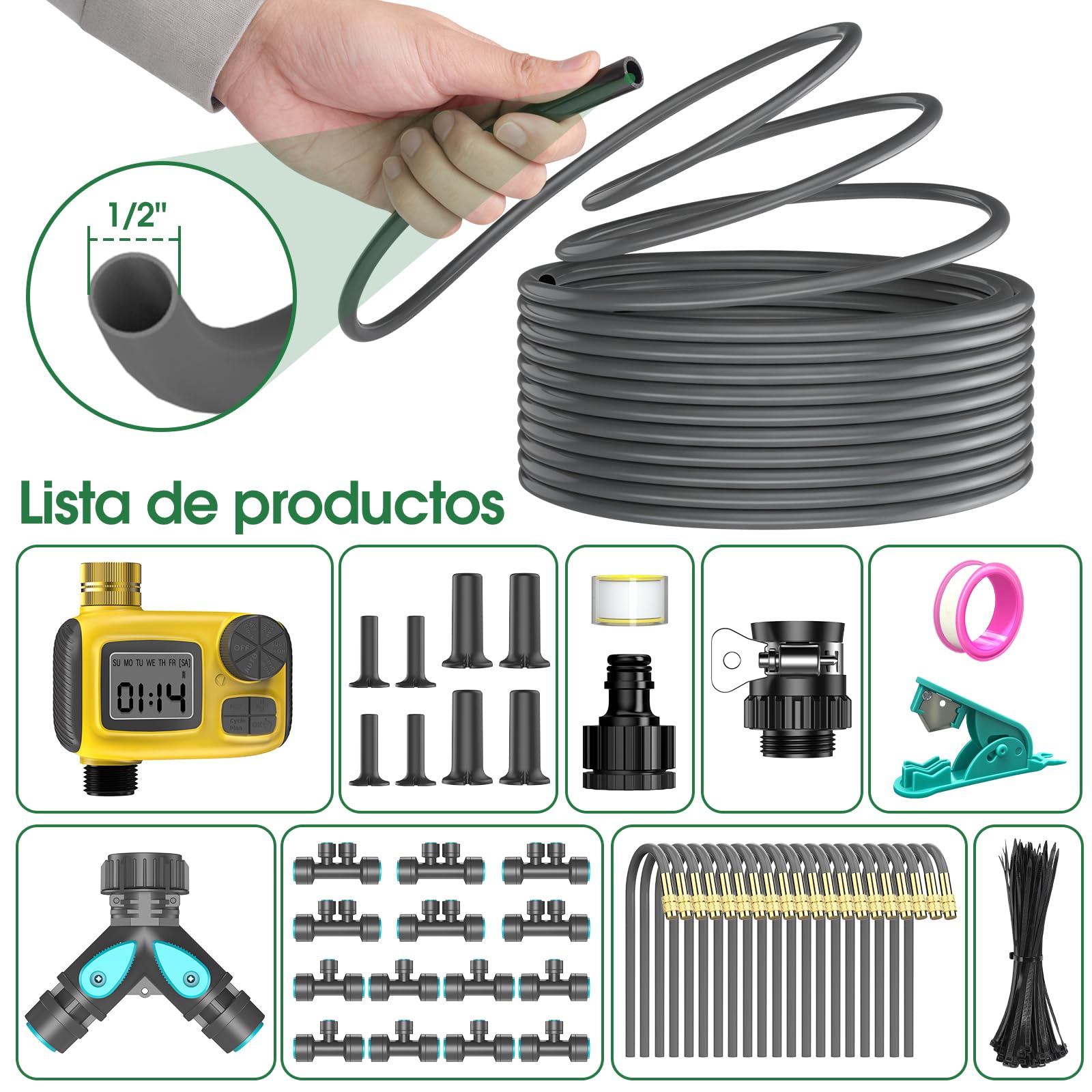 30M Kit de Riego por Goteo con Temporizador para Jardín, 20 Boquillas Ajustables, Riego Automático para Agricultura, Césped, Invernadero y Plantas en Maceta