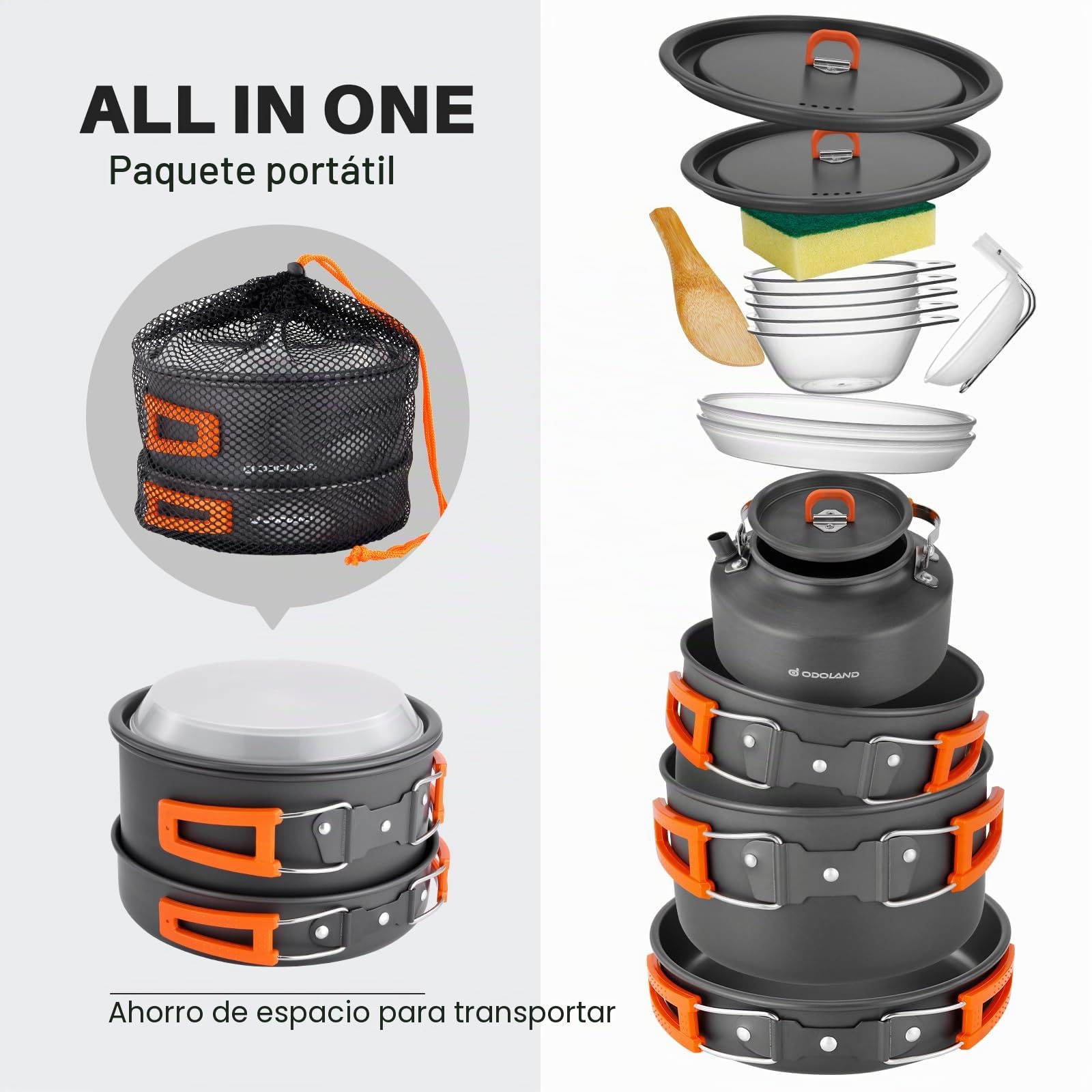 Odoland Kit de Utensilios Cocina Camping 15 Piezas para 1-5 Personas, Kit de Cocina de Camping con 2 Ollas, 1 Sartén y 1 Hervidor, para Camping Trekking Senderismo Cocina al Aire Libre y Picnics