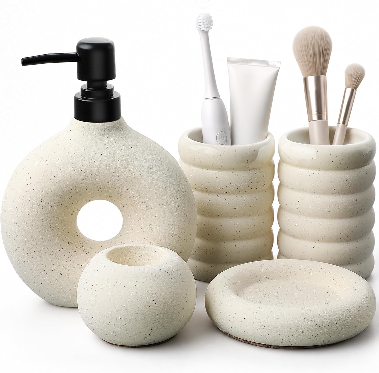 5 Pcs Ceramic Bathroom Accessories Set, White Bathroom Soap Dispenser Set | Soap Dispenser 16Oz, Toothbrush Cup, Toothbrush Holder, Soap Dish, Candle Holder,Modern Bathroom Accessory Set for Countertop