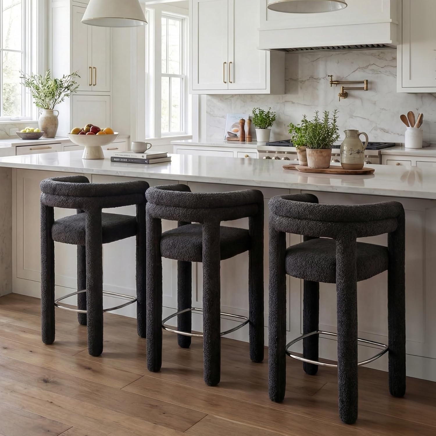 Hyfirm 26" Counter Height Bar Stools Set of 3, Sherpa Fabric Upholstered Barstools with Back and Armrest, Modern Barrel Counter Stools for Kitchen Island, Black