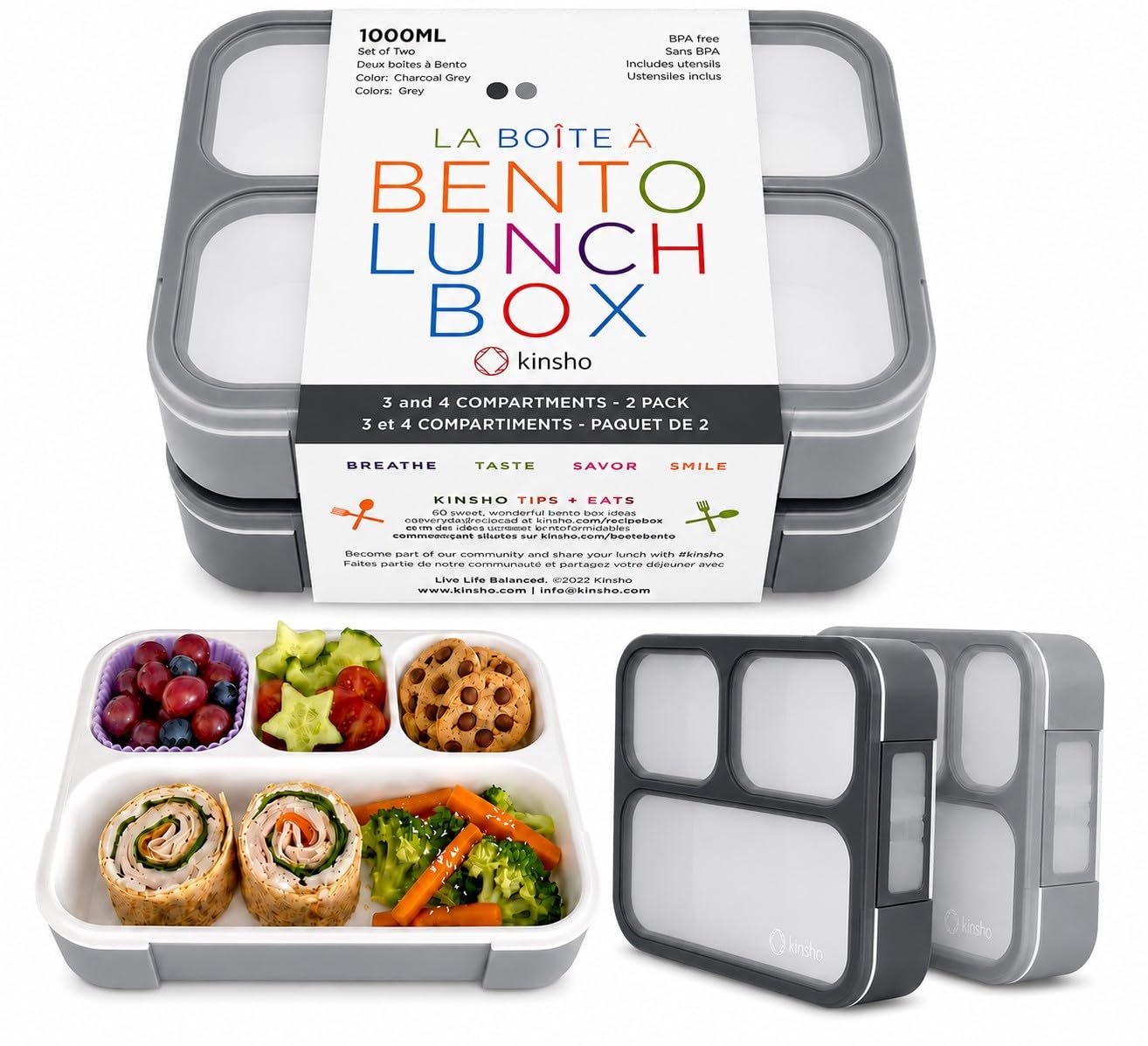 kinsho Bento Box Lunch Boxes for Kids Adults, Meal and Snack Containers School Work Travel, 4 Divided Portion Control Compartments, Japanese Style, BPA Free, Utentils Included (Grey + Black, 2 Pack)