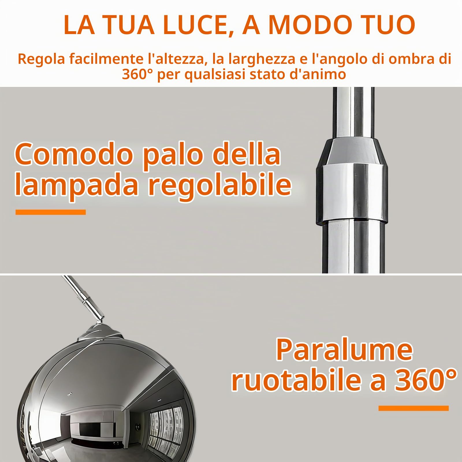 Lampada da terra moderna cromata, lampada da terra ad arco in metallo argentato con testa regolabile, elegante lampada da terra alta 70,9 pollici, lampade da lettura per soggiorno