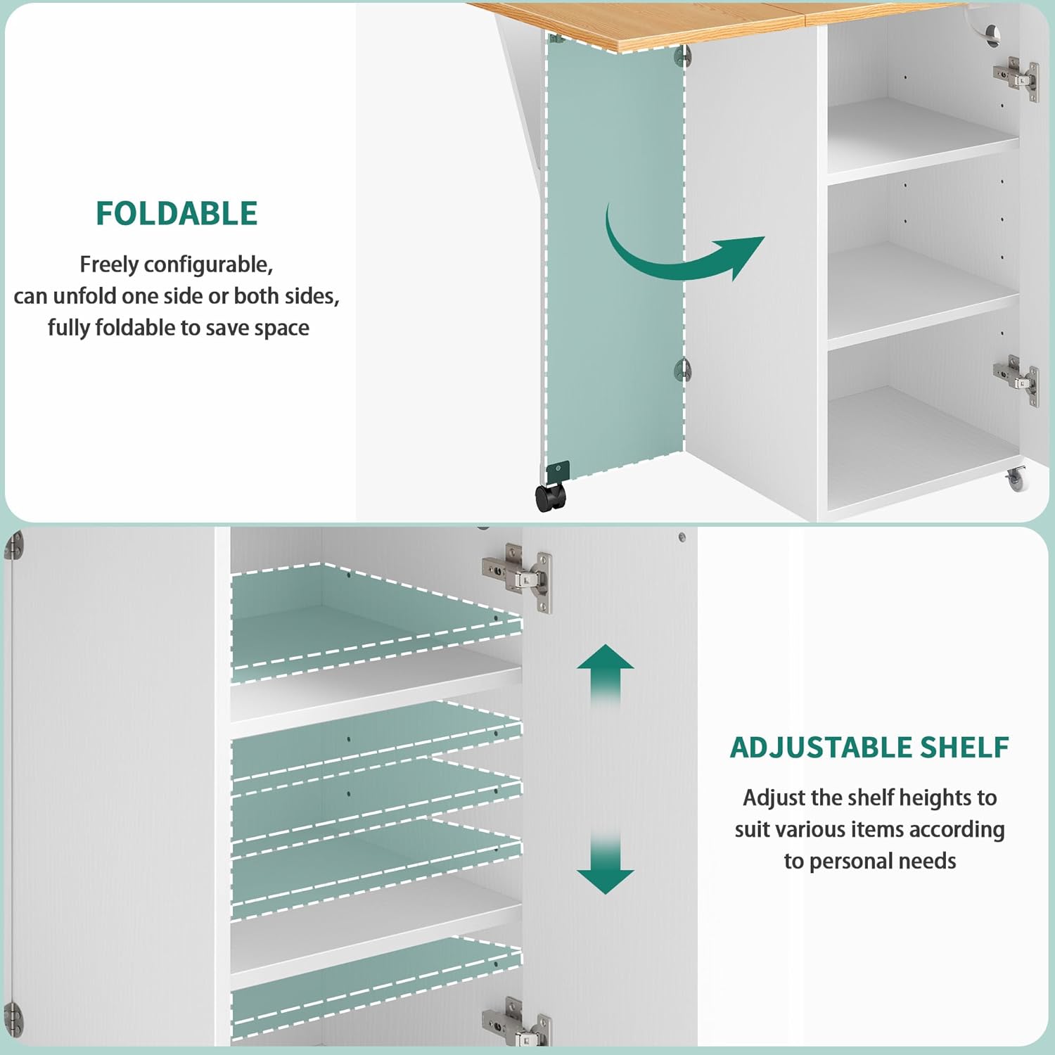 Diagram showing the foldable side panel and adjustable shelves within the kitchen island.