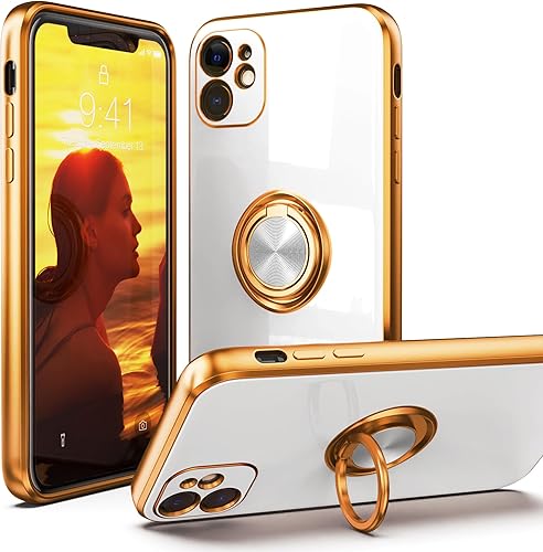 Miniatura 1 de IDweel Funda para iPhone 11, funda para iPhone 11 con soporte de anillo de 360 con soporte magnético, ligera, delgada, borde de oro rosa, protección