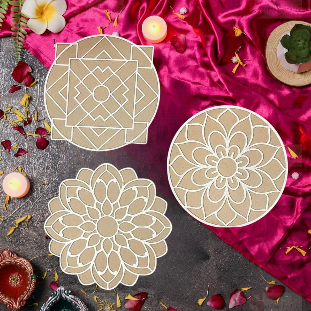 SATYAM KRAFT 3 PCS Reusable MDF Rangoli Mats with Wooden Base. Just Fill It Up with Rangoli Color, Flowers, Pulses, Stencils Border for Floor Home Diwali Decoration, Pooja, Diwali Decor DIY