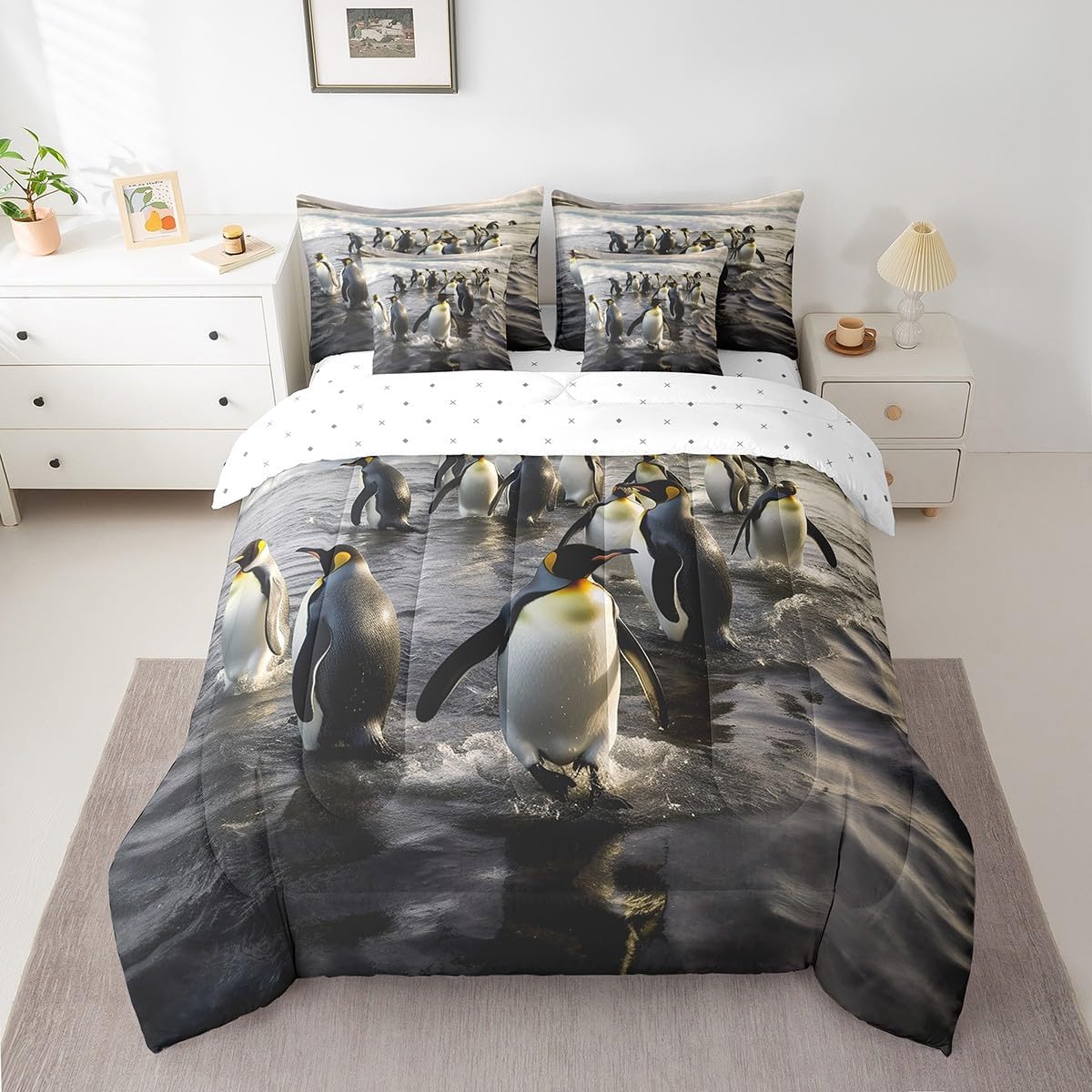 Feelyou Kids Penguin Comforter Set with Sheets Queen, Cute Penguin 7 Piece Bedding Set Toddler Boys Girls Lovely Polar Animal Bed in a Bag Wildlife Bed Set Kids Room Decor