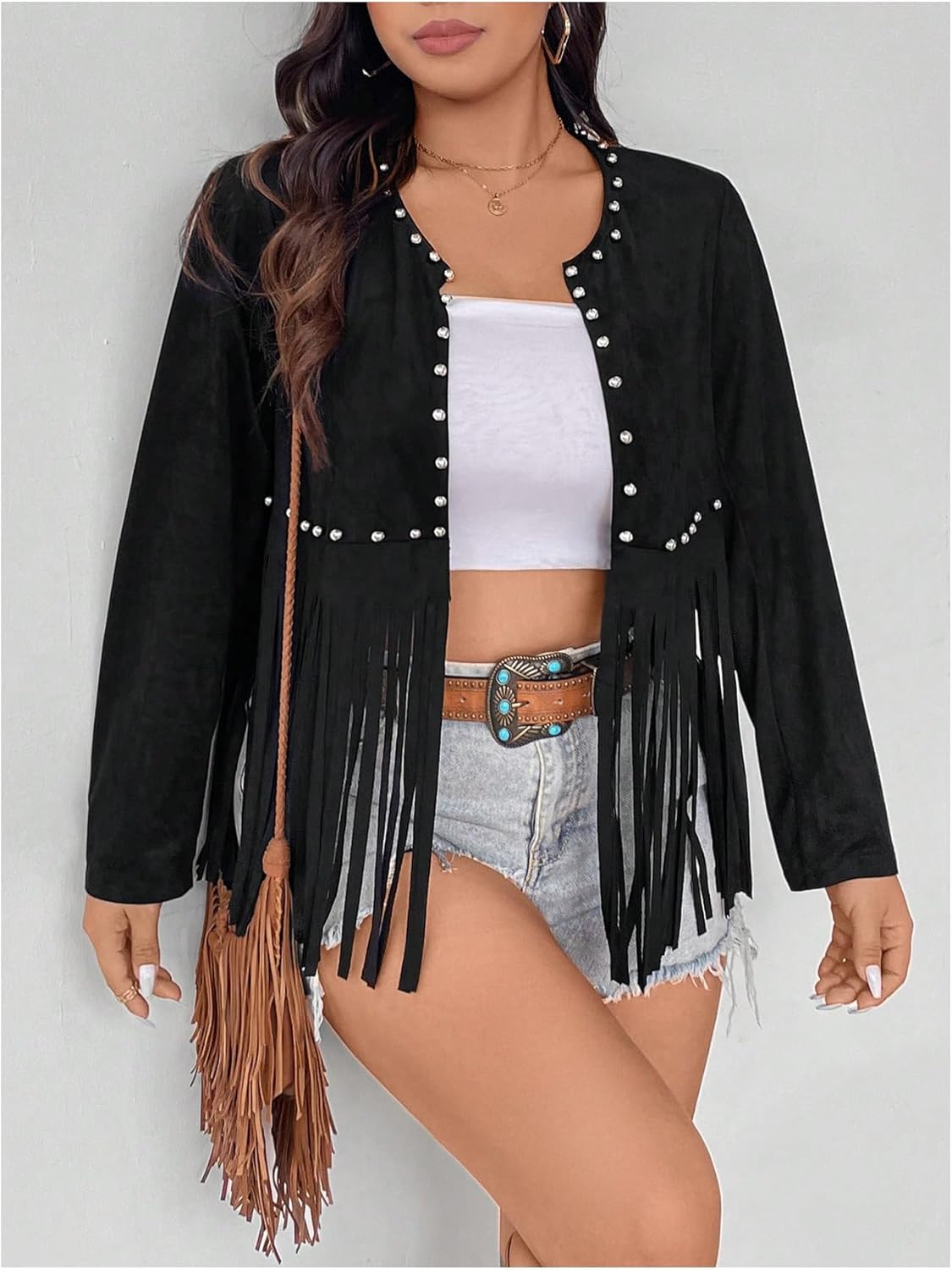 SHENHE Women's Plus Size Faux Suede Fringe Jacket Open Front Long Sleeve Studded Tassel Cardigan Jacket Western Outfits - Image 4