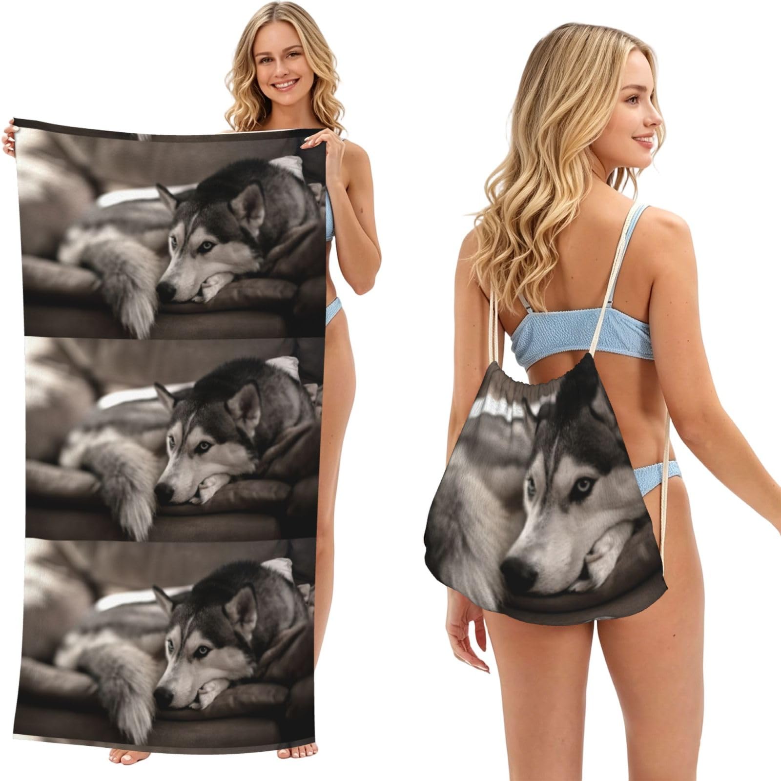 Poadnly As Picture Husky Dog, 2 In 1 Packable Towel Bag, Beach Towels With Drawstring Backpack For Travel Holiday Camping
