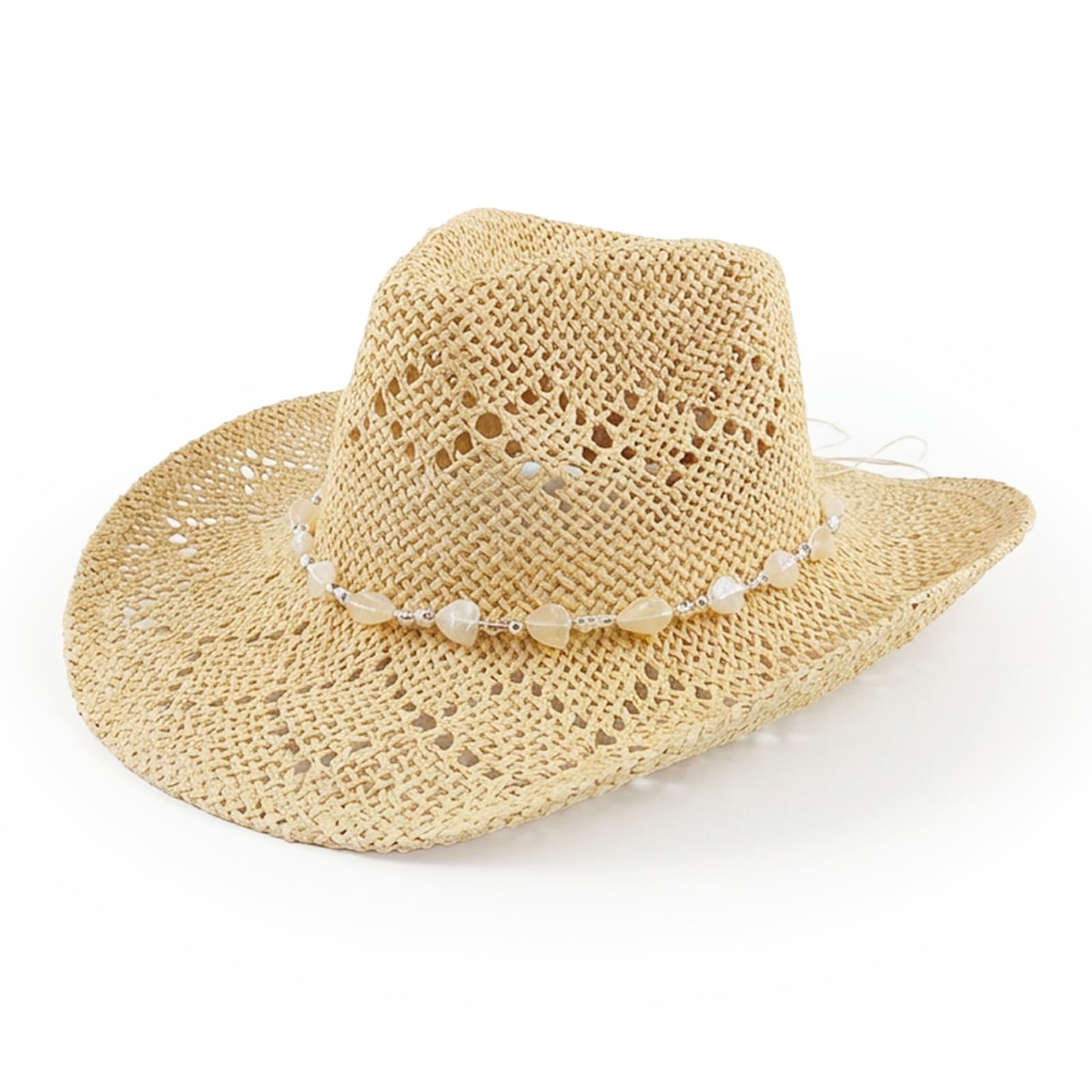 Chapeau de cowboy pour homme et femme - Chapeau de cowboy occidental en paille tissée avec bordure perlée et bord façonnable pour fête, plage