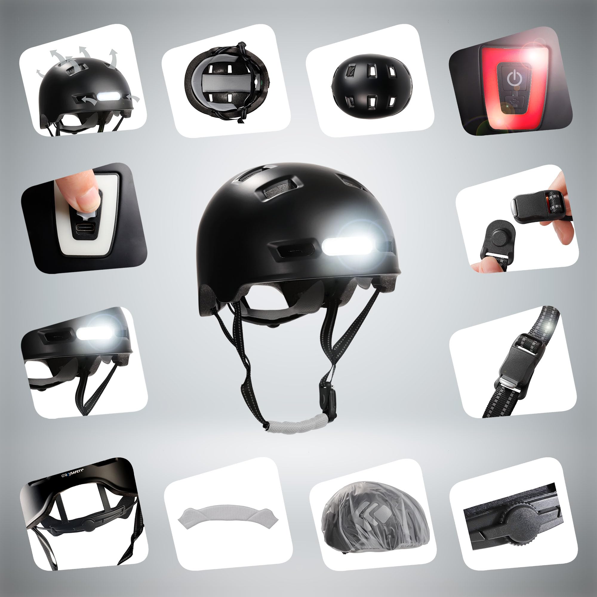 Crazy Safety Vertigo Casque De Vélo Noir Mat Lumière Avant Et Arrière USB | Casque pour Trottinette, Skateboard, Rollers et Vélo BMX, Casque de Vélo de Ville pour Hommes et Femmes | L 57-61 cm