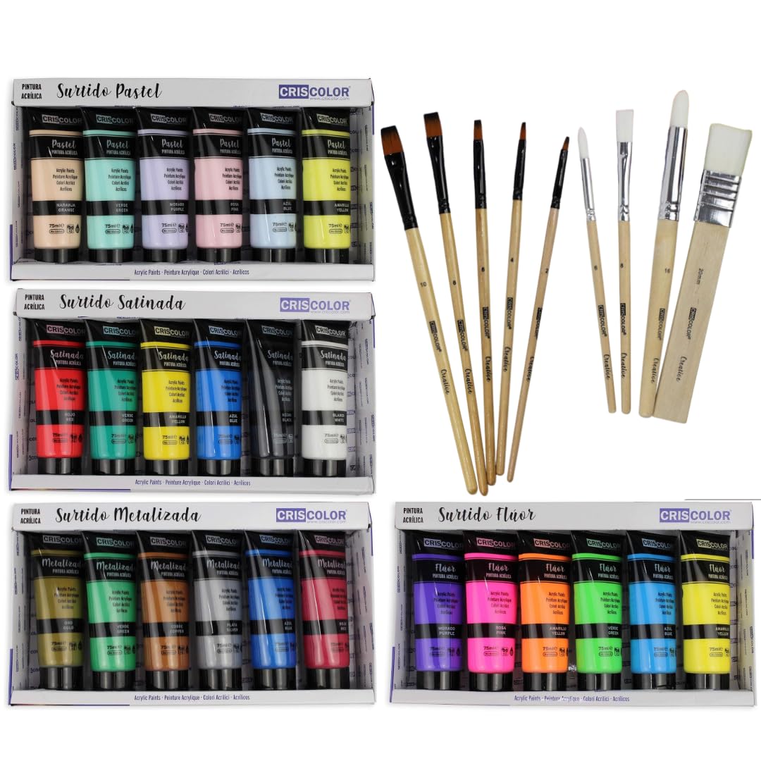 KROWN - Pack Pinturas Acrílicas 24 x 75ml - Surtido de Colores Satinado, Pastel, Metalizado y Fluorescente + Juego de 9 Pinceles. Para trabajo Artístico y Manualidades.