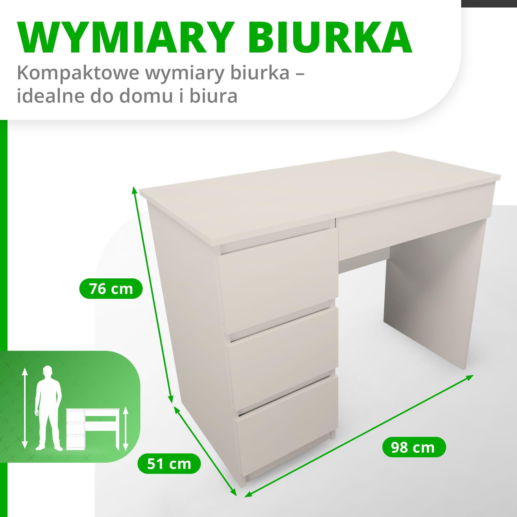 CDF Biurko z 4 Szufladami Małe Komputerowe Dziecięce Nowoczesny Stół Biurowy do Home Office Gabinetu Biura Nauki - dla Dzieci Studentów Dorosłych Mebel Kompaktowy do Organizacji – Glina Szary