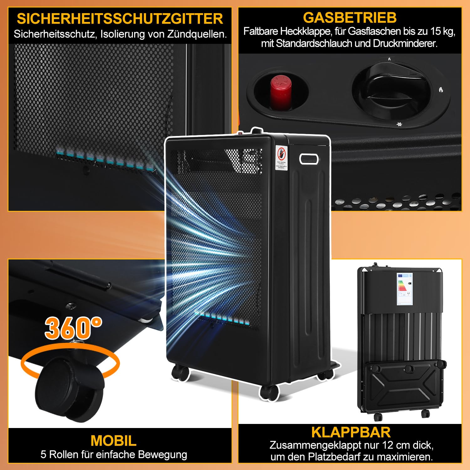 Gasheizer 3800 Watt Gas Heizstrahler inkl. Gasdruckregler Gasschlauch, Gasheizofen Gasheizgerät, Gasheizung für Innenräume, für Gasflaschen bis 15kg
