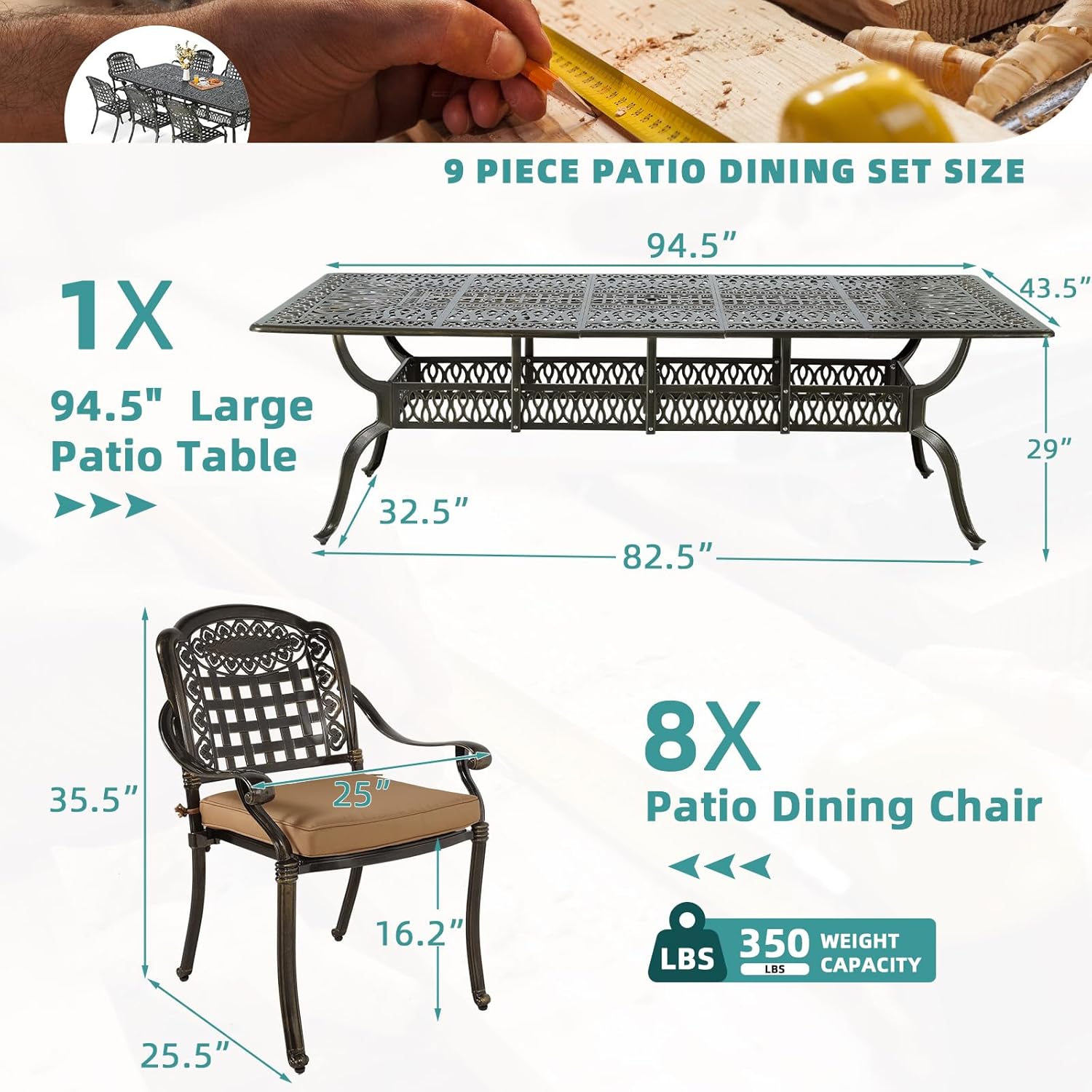 MEETWARM 9-Piece Outdoor Patio Dining Set for 8, All Weather Cast Aluminum Patio Funiture Table and Chairs Set- 94.5” Rectangular Table and 8 Cushioned Chairs for Garden, 2" Umbrella Hole, Khaki