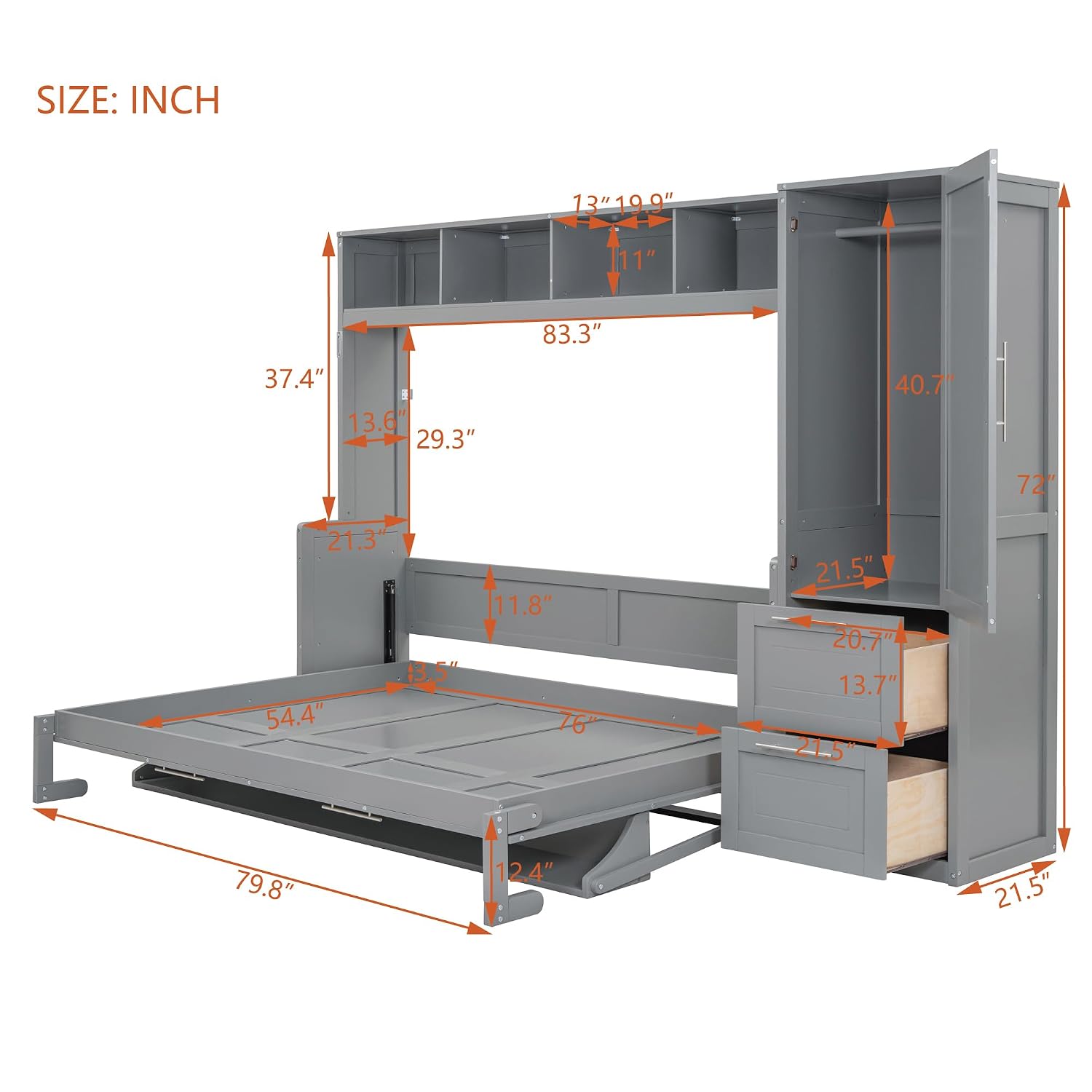 Dimensions of the Ball & Cast Full Size Murphy Bed in open bed mode, showing the bed extended to 107.5 inches in length, with mattress area dimensions and internal cabinet measurements.