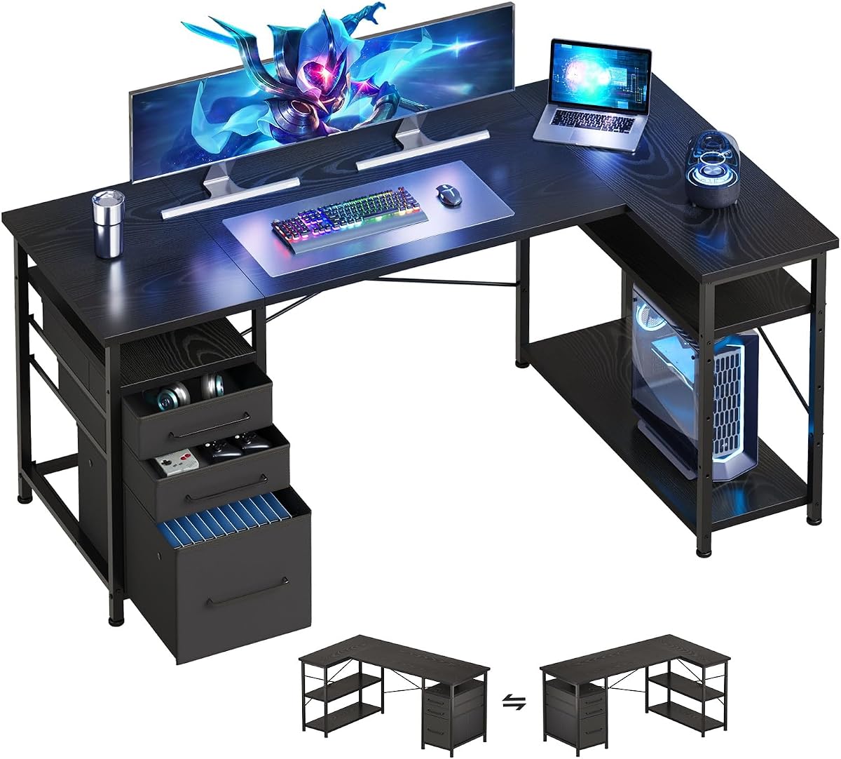 L Shaped Desk with Drawers, Office Desk with Storage Shelves, Black | 55in Desktop, Sturdy Metal Frame, Adjustable Pads, Corner Desk, Computer & Writing Desk, Compact Gaming Workstation