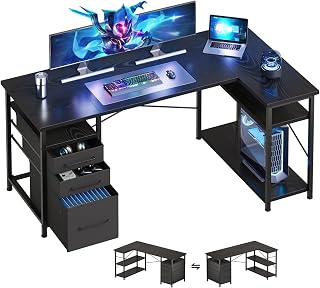 Maihail L Shaped Desk with Drawers, Office Desk with Storage Shelves, Black | 55in Desktop, Sturdy Metal Frame, Adjustable Pads, Corner Desk, Computer & Writing Desk, Compact Gaming Workstation