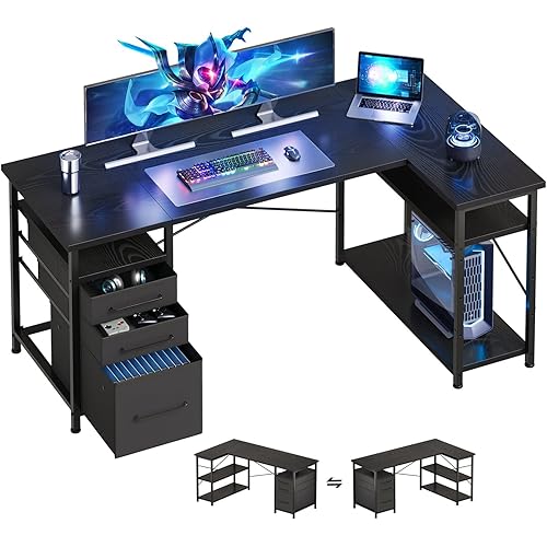 55" Computer Desk with Drawers, Desks for Bedrooms, Writing Desk with Storage, Work Desk for Small Space, Black