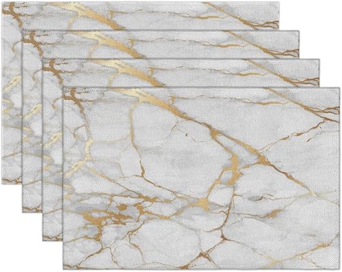 Miniatura 7 de Juego de 6 manteles individuales cuadrados de tela con textura dorada de mármol para mesa de cocina, resistentes al calor, fáciles de limpiar, 12 x