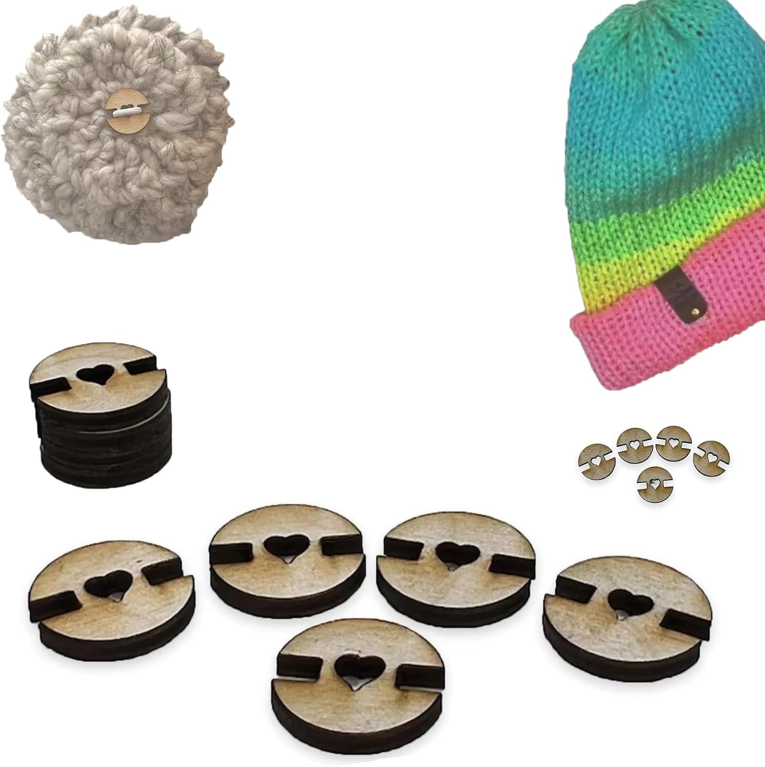 50pcs Removable Wooden Pom Poms Buttons, Faux Fur Pom Poms