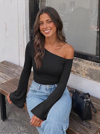 Trendy Queen Women's Off Shoulder Long Bell Sleeve Fall Crop Y2K Tops 2026