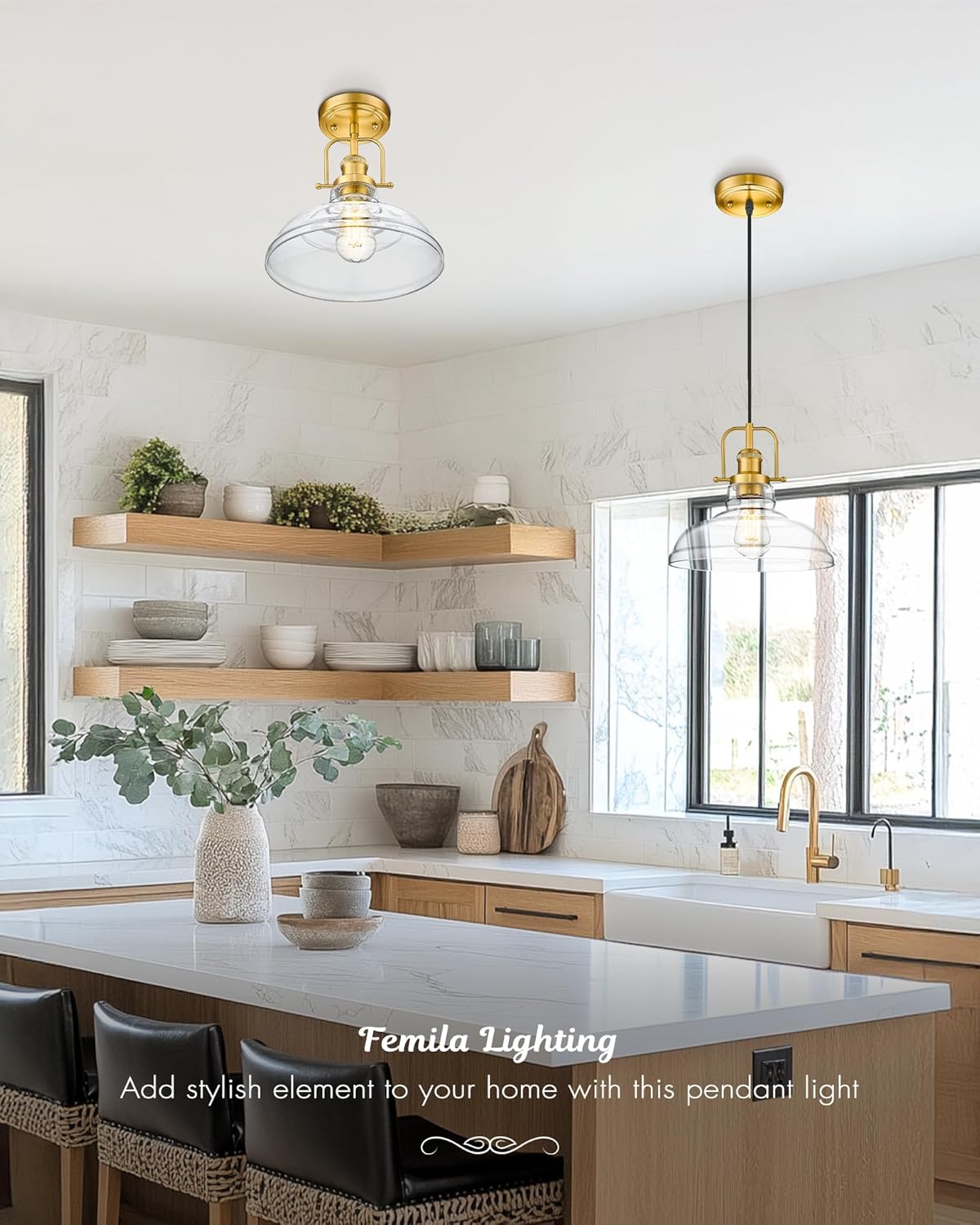 FEMILA Semi Flush Mount Ceiling Light, Farmhouse Close to Ceilight Lighting Fixture, Champagne Bronze Finish for Dingning Room Kitchen Hallway Porch,Clear Glass Pendant Lamp Shade, 4FY09-F BG