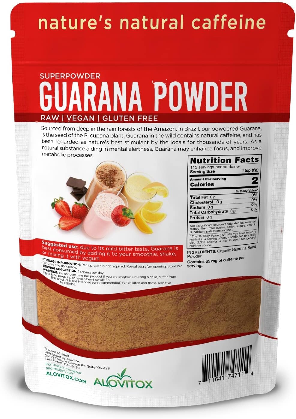 Alovitox Organic Guarana Seed Powder | Raw Guarana Seed Extract, Vegan, Non-GMO & Gluten-Free (Superfood, 65mg of Natural Caffeine per Serving) 8oz/113 Servings - Image 5