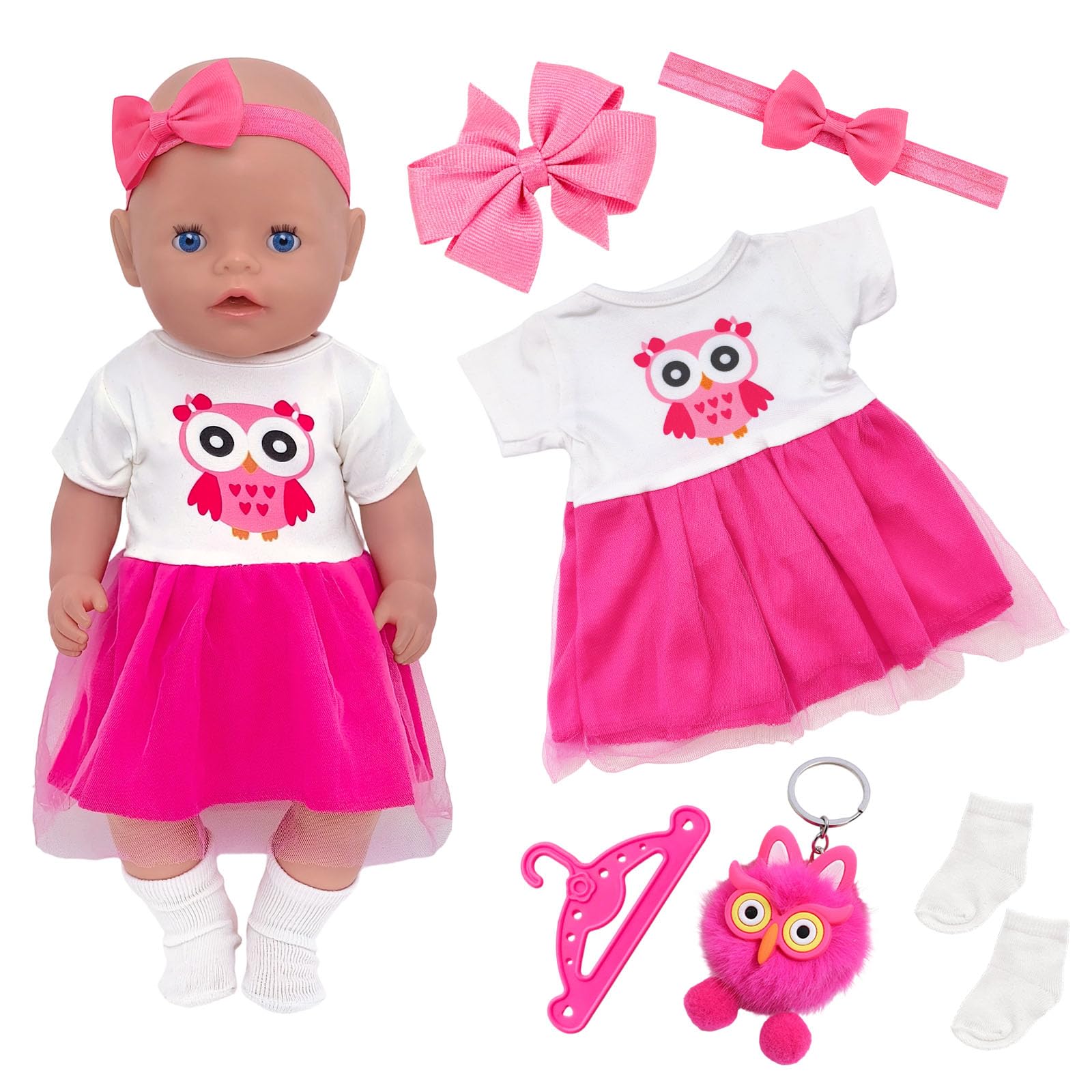 6 sztuk ubrań dla lalek 35-43 cm, elementy zwierzęce, 2 ozdoby do włosów z kokardką, 1 spódnica, 1 zawieszka w kształcie sowy, 1 para skarpet, 1 wieszak na ubrania, zestaw ubrań dla lalek dla