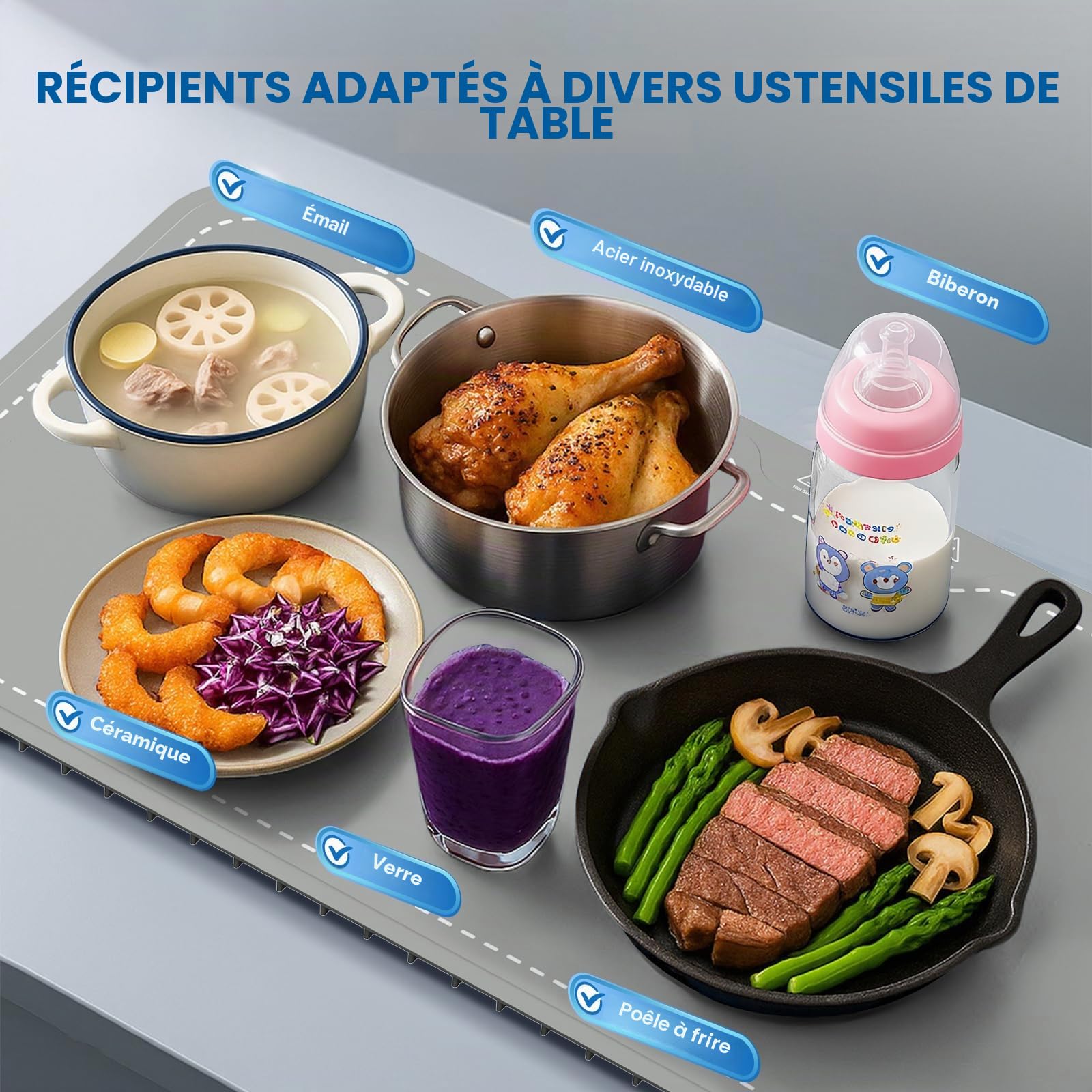 Plaque chauffante 10S à chauffage rapide, grand tapis chauffant électrique avec 7 niveaux de température et 8 minuteries, en silicone souple, gris