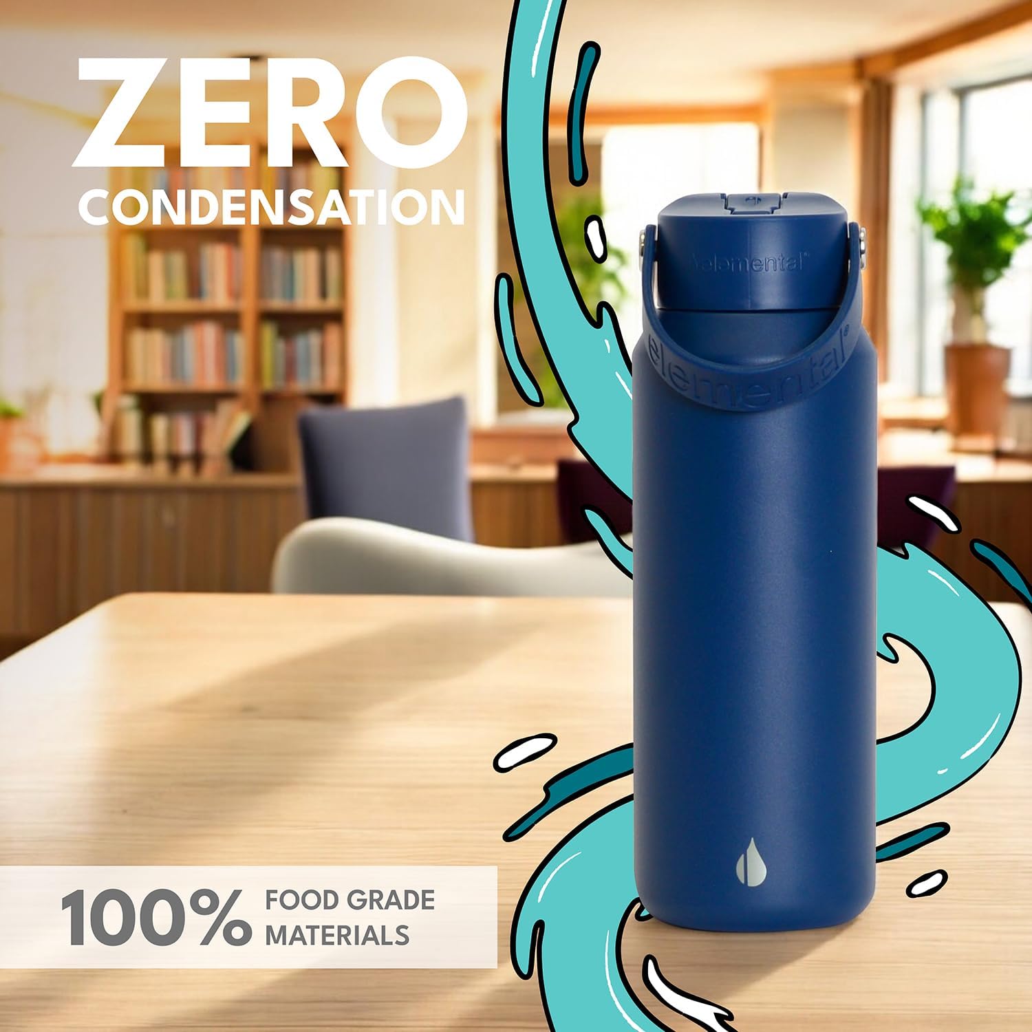 Elemental 40oz Insulated Water Bottle with Straw - 100% Leak-Proof Stainless Steel Core Water Bottles for Travel, Sports and Gym - Double Wall Insulation & BPA Free - Navy