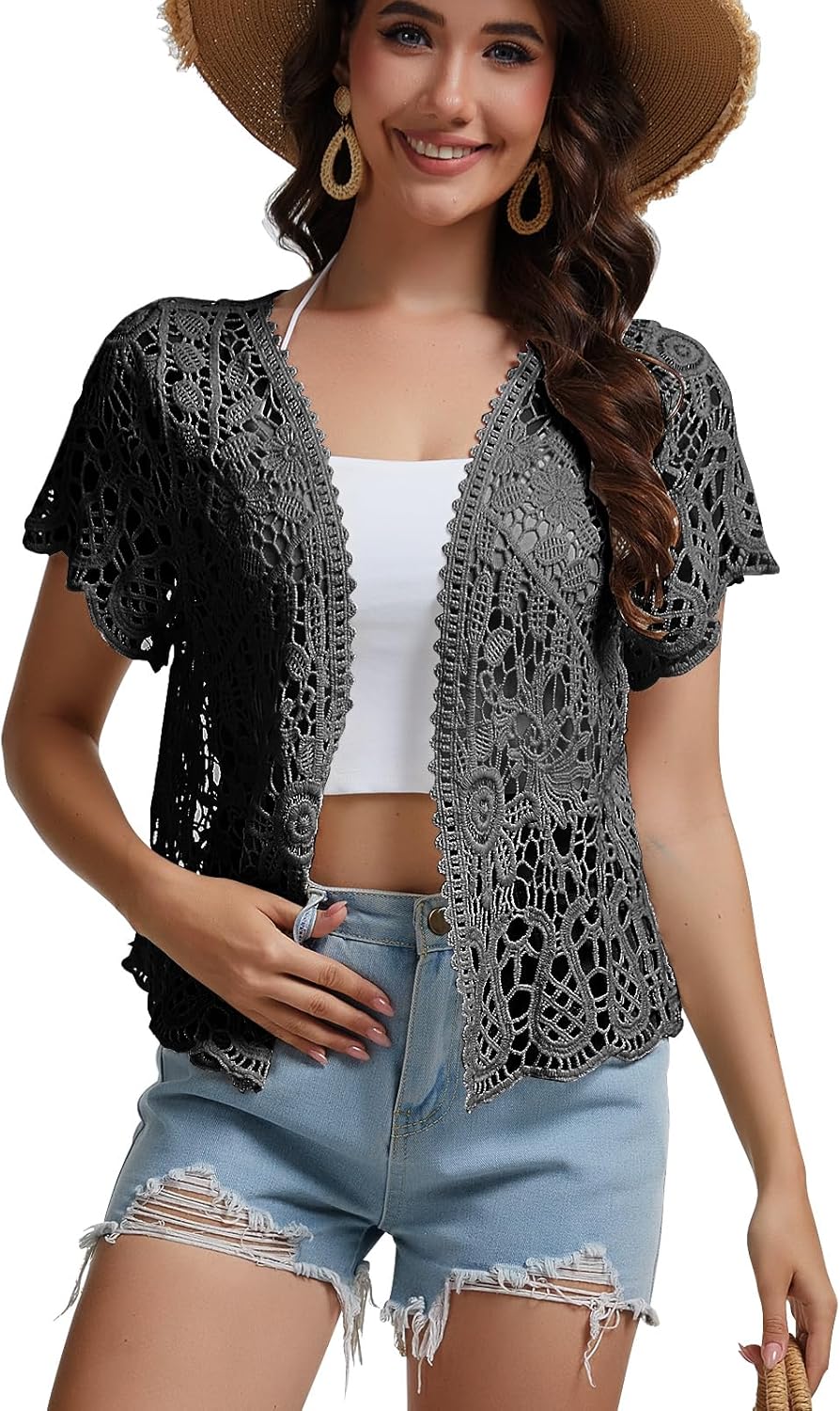 SMDPPWDBB Women’s Short Sleeve Lace Shrugs Bolero Cardigan Crochet Sheer Crop Jacket - Image 2