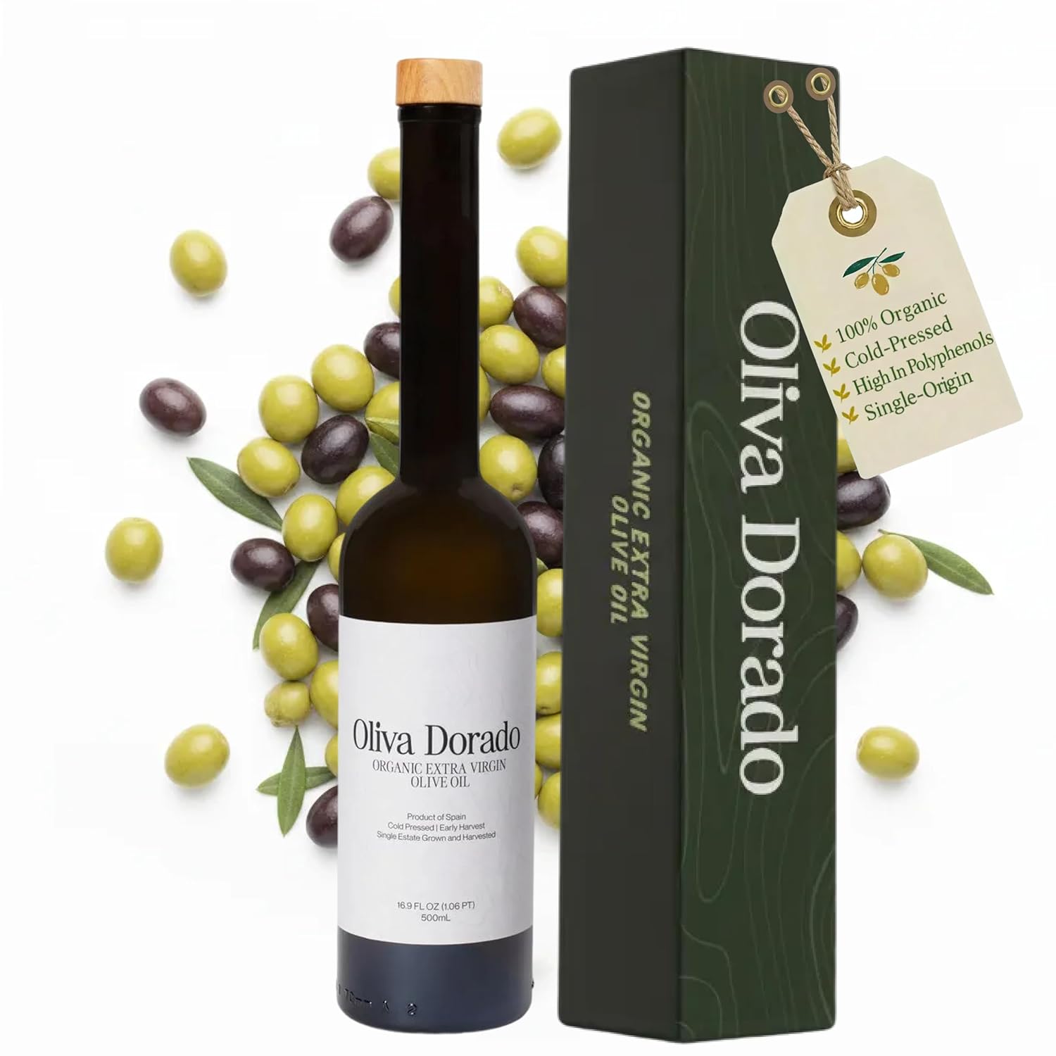 Oliva Dorado Organic Extra Virgin Olive Oil, 100% Unrefined & Cold Pressed, Made from Polyphenol Rich Arbequina Olives, Single Origin, Early Harvest Spanish Olive Oil, EVOO Glass Bottle (500mL)
