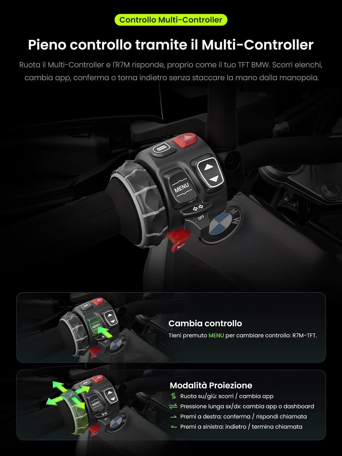 R7M 7" Wireless CarPlay e Android Auto per Motociclette BMW - Controllo Nativo Wonder Wheel Action Camera | Lettura Dati in Tempo Reale (TPMS/RPM) | Aggiornamenti OTA | GPS IP69K | Nav Prep
