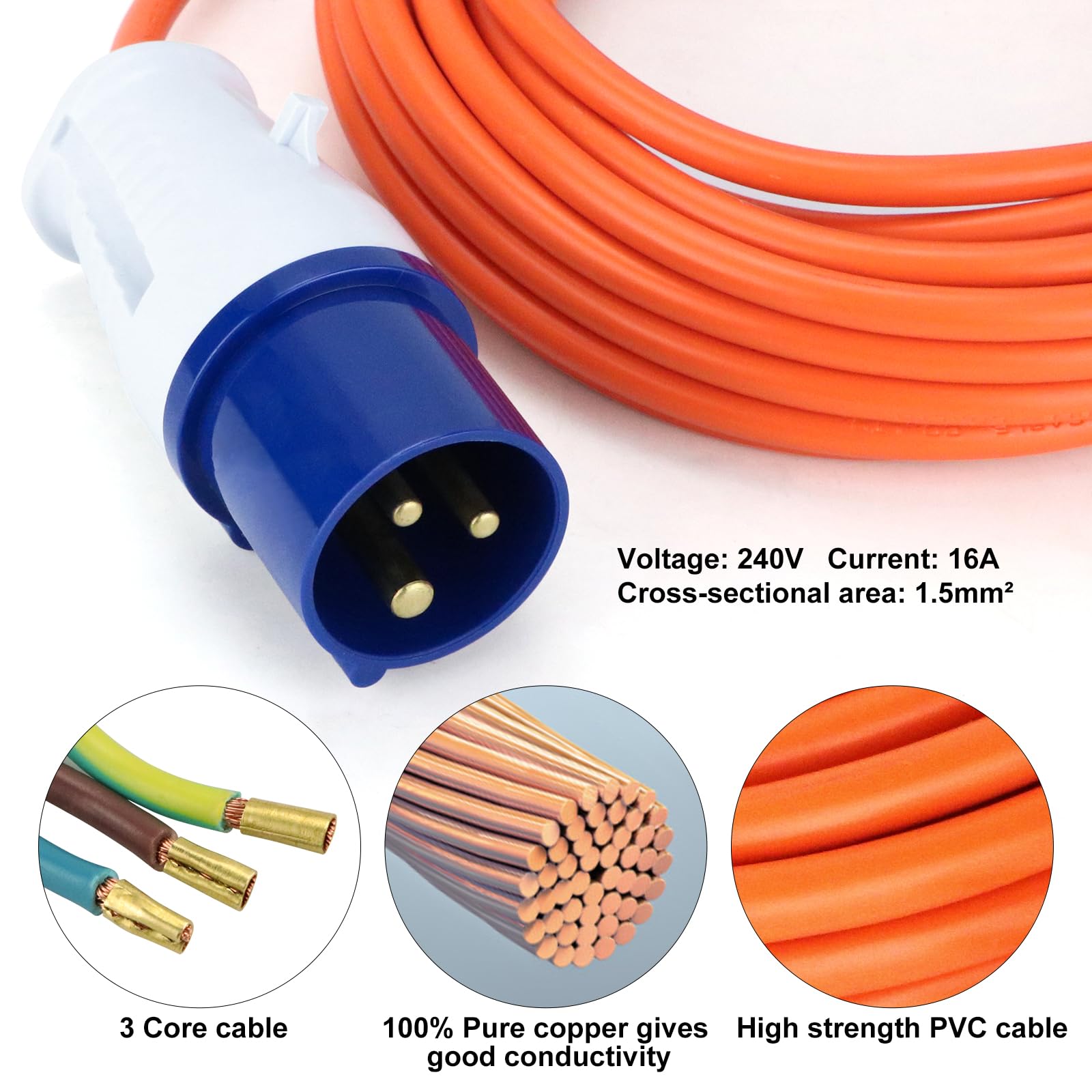 10m Caravan Hook Up Cable - 240V 16A Camping Extension Lead with 3 Pin Fly Lead Converter and Carrying Bag, Power Cord Electric Extension Cable for Motorhomes Campervans - 2