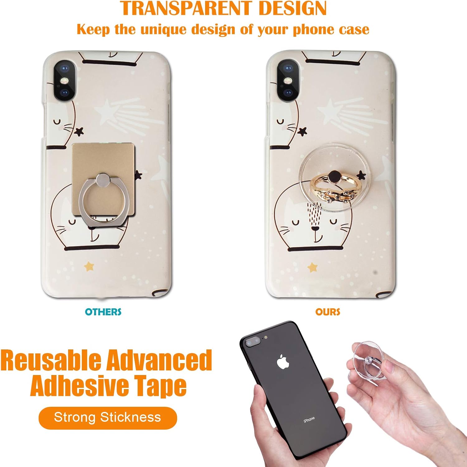 Cell Phone Ring Holder Transparent Phone Ring Stand Clear Finger Ring Grip 360 Degree Rotation Set of 2 (Silver Diamond)