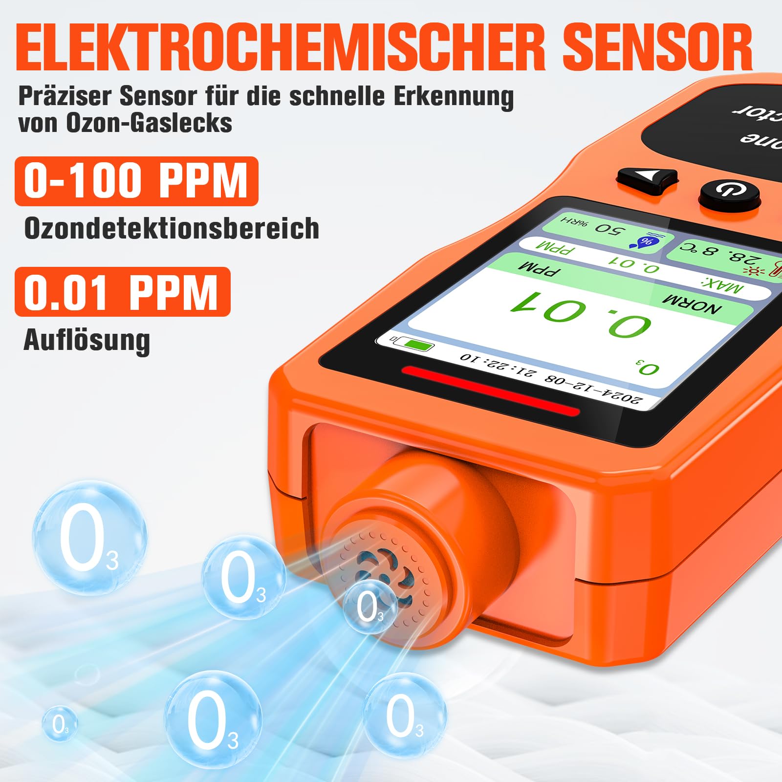 Tragbarer Ozondetektor, 0-20PPM Ozonmessgerät mit 0,01 PPM hoher Auflösung, Ozonanalysator mit Alarmfunktion, O3 Luftqualitätsmessgerät mit Temperatur und Feuchtigkeitsprüfer, Orange