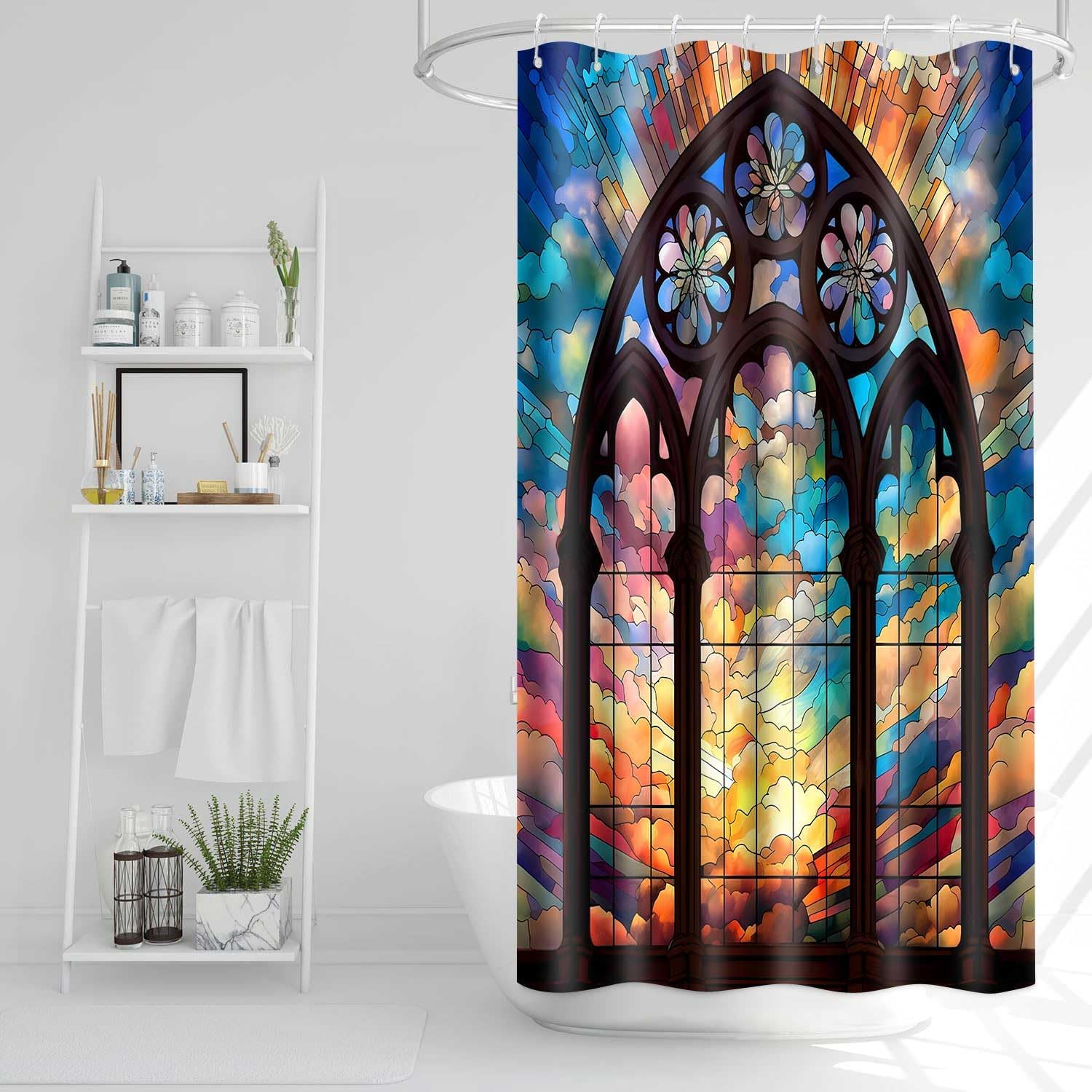 Stained Glass Window Shower Curtain Colorful Church Windows Bathroom Curtain Set with 12 Hooks, Abstract Art Style Bathroom Bathtubs Decor Set 72x72inch YLDWTP0172