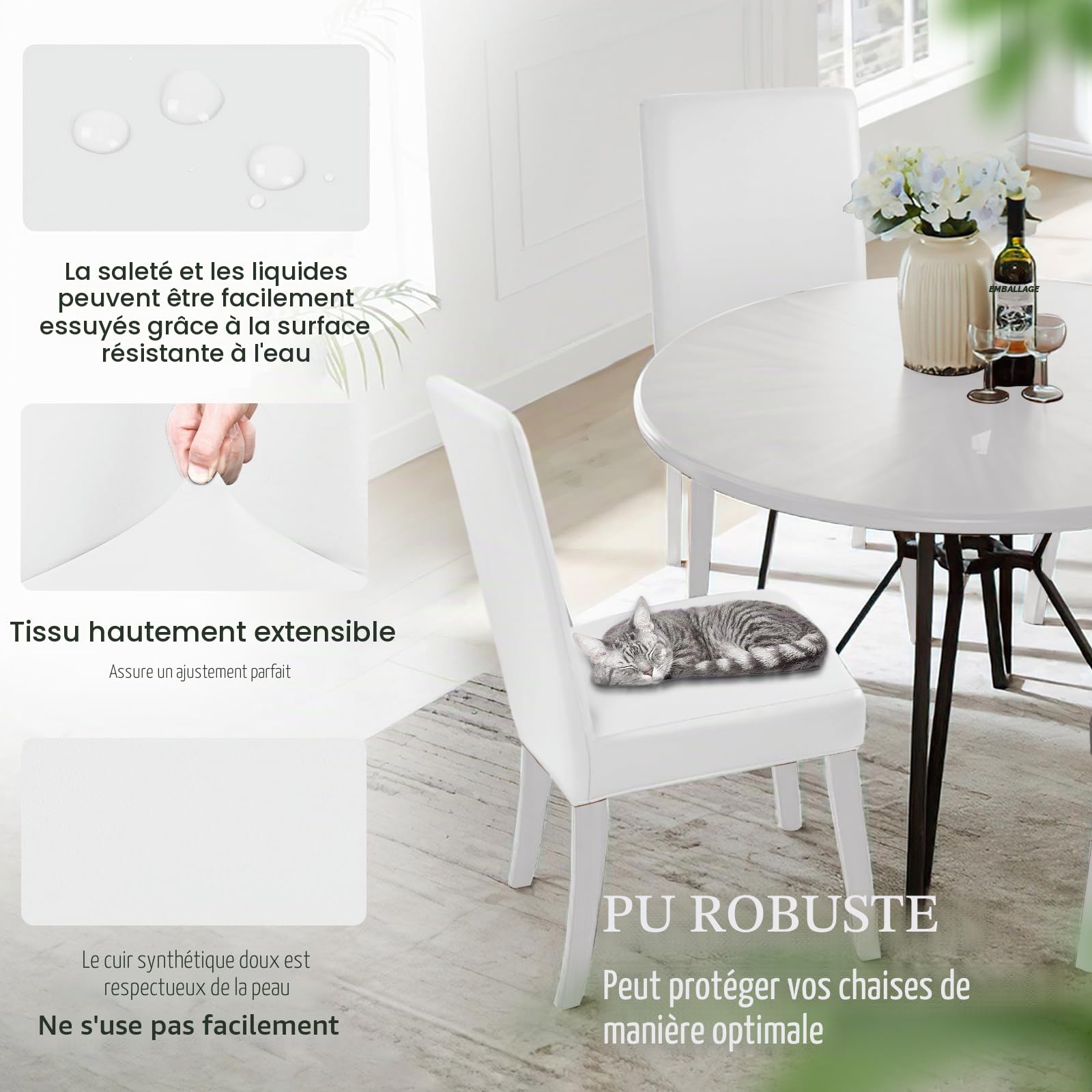 Alishomtll Lot de 4 housses de chaise en similicuir extensible imperméables et lavables pour chaises de salle à manger, cuisine, restaurant, hôtel, mariage (blanc)