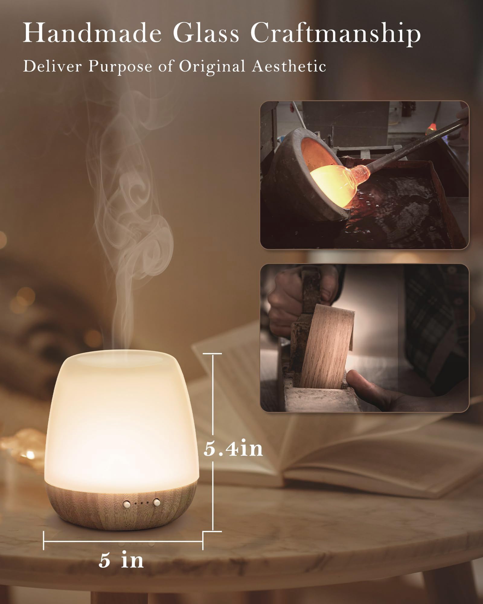 Diffusore di oli essenziali in vetro, 180 ml, diffusore di aromi a ultrasuoni per oli essenziali, grande diffusore di oli essenziali, timer di spegnimento automatico, luce notturna per regalo, casa