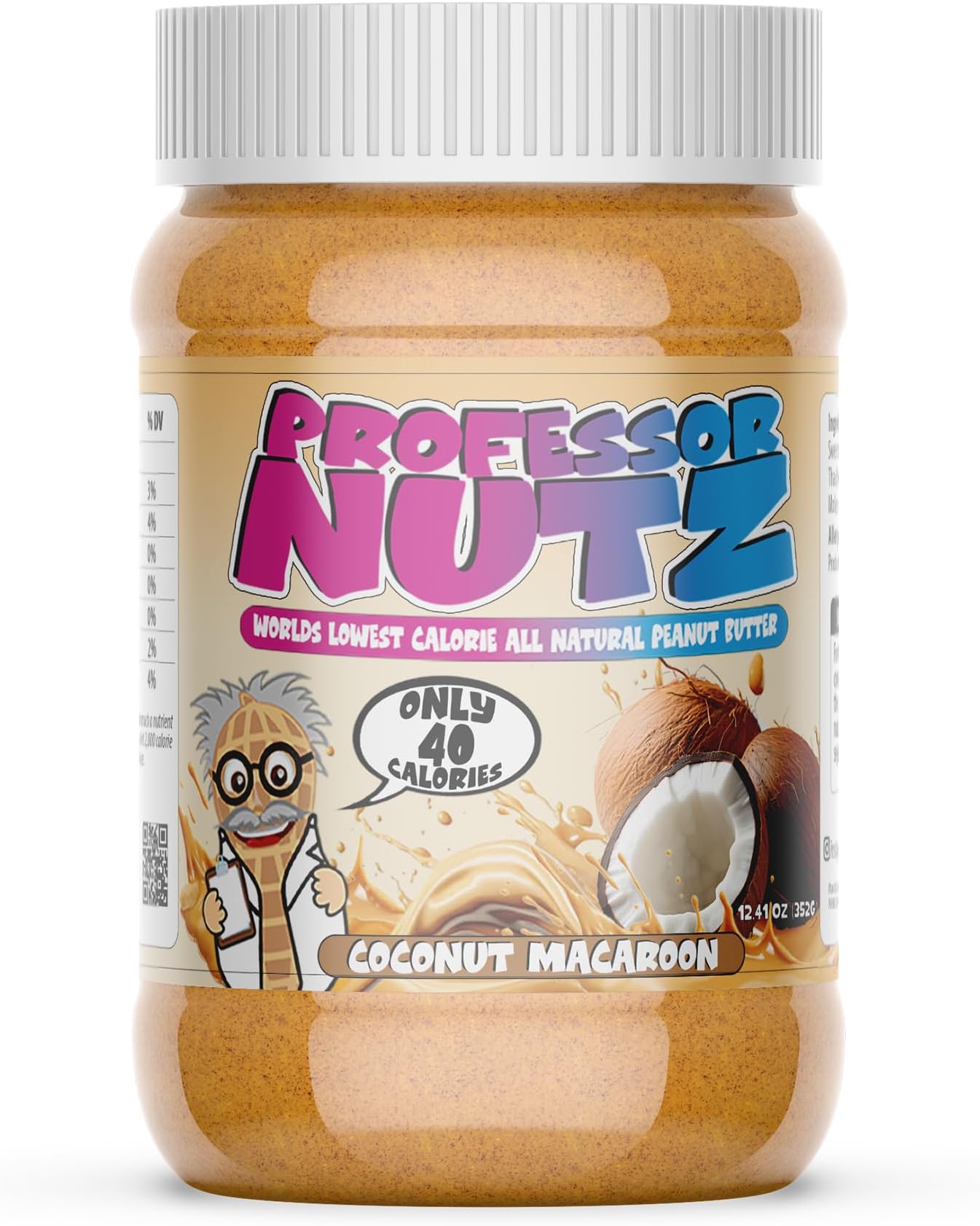 Professor Nutz Organic Peanut Butter- Low Calorie, Nut Butter, Natural Peanut Butter, Natural Fiber, Healthy Peanuts, Great source of Protein, 30 Essential Vitamins (12.41 Ounce, Coconut)