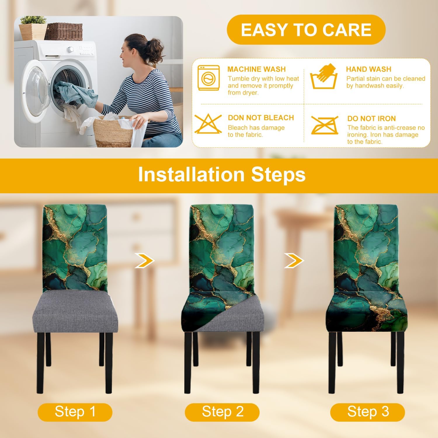 Marble Chair Covers Set of 4 – Green Gold Abstract Pattern Stretch Dining Chair Slipcovers Washable Universal Seat Protectors for Kitchen, Banquet, Party, Hotel, Home Décor