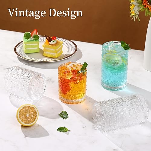 Vista 5 de Moretoes - Juego de vasos de beber Hobnail de 12, 12 onzas vasos altos y 10 onzas vasos de cóctel, vasos de vidrio con relieve estilo boho