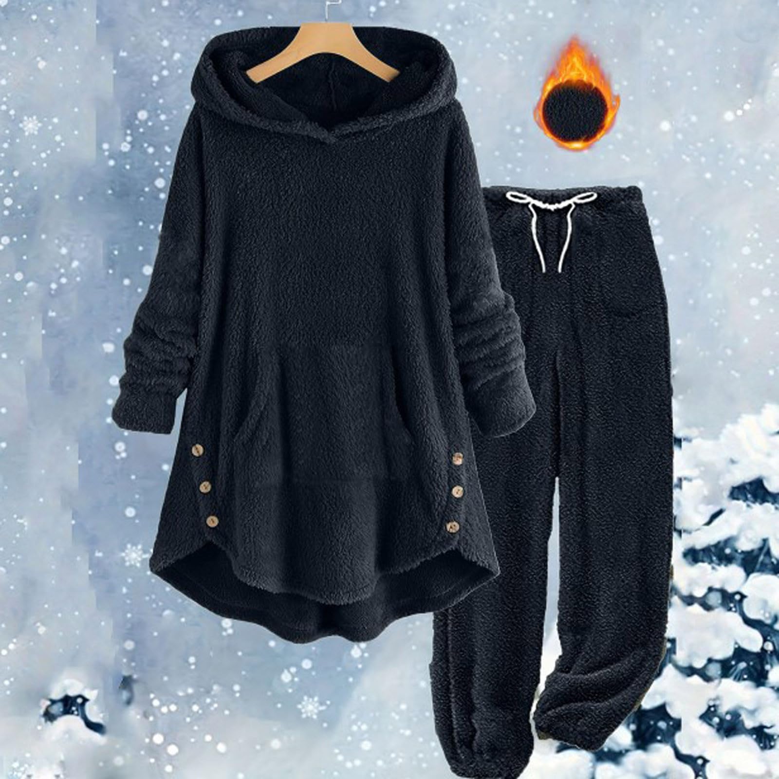 Loungewear - Conjunto de pijama de forro polar para mujer, conjunto con capucha, traje térmico de invierno, forro polar, 2 piezas, traje de felpa grueso, suave y cómodo, ropa de descanso