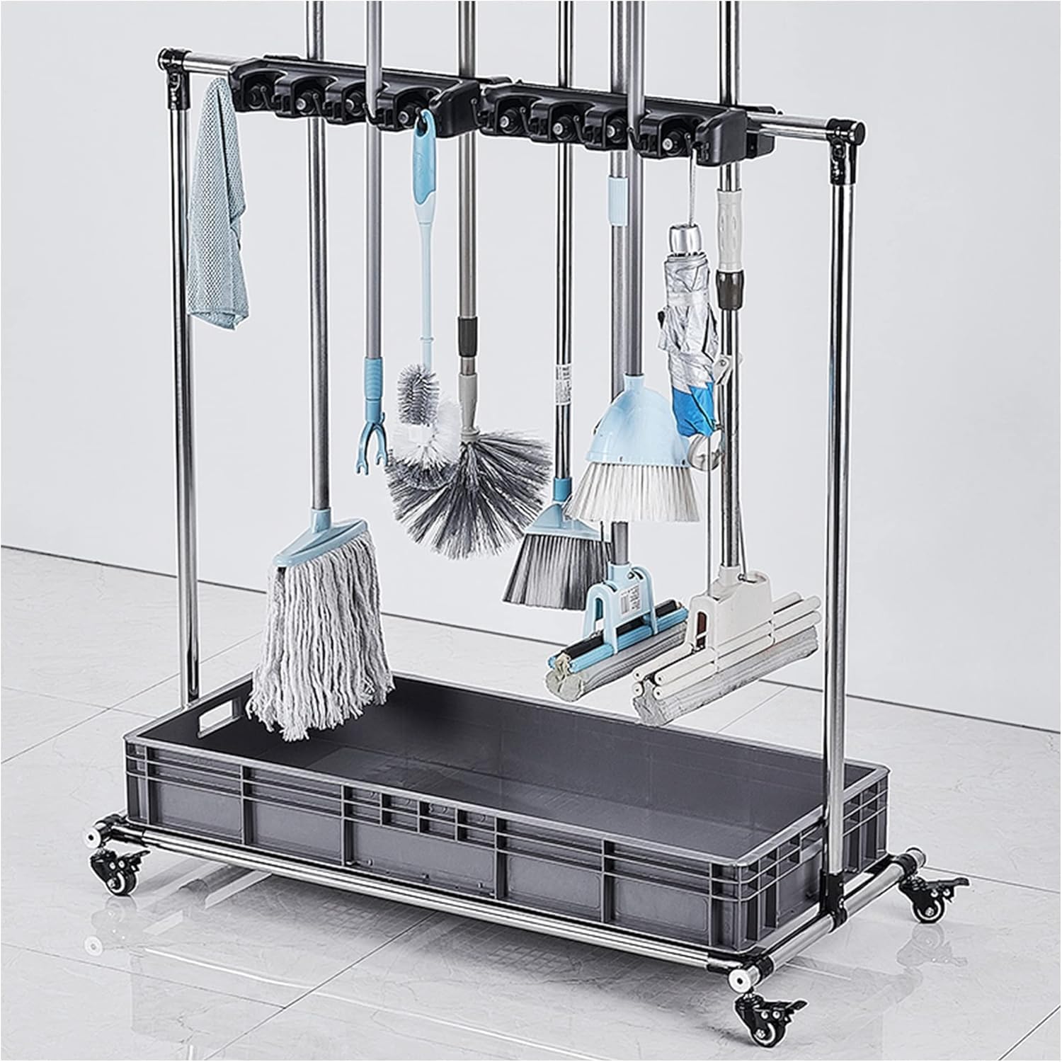 ASerZenith Movable Floor Standing Mop Broom Holder Commercial Cleaning Tool Cart,Cleaning Supplies Organizer,Garden Garage Tool Storage Rack,Housekeeping Supplies,For Schools,Garden,Clad-8Slots