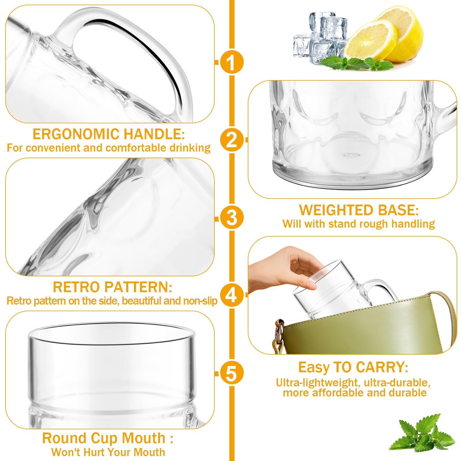 Suclain 6 tazas de cerveza grandes transparentes con hoyuelos, tazas de café de plástico clásicas de 34 onzas con asas para cerveza, whisky, café, té, cóctel