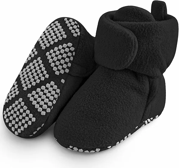 Pro Goleem Fleece Baby Booties, Warm Cozy Baby Slippers, Stay On Sock Shoes, Easy to Put on, Unisex Baby Gifts, Soft Non-Slip Adjustable Newborn Boots for Boys and Girls 12-18 Months, Black